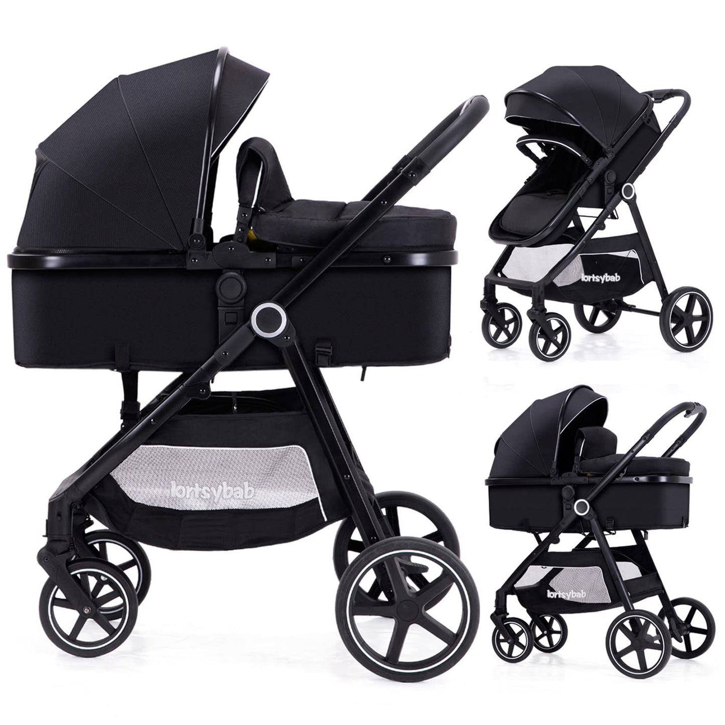 Lortsybab 2-in-1 baby stroller with beige frame, reversible seat for newborns and toddlers, foldable design for easy transport.