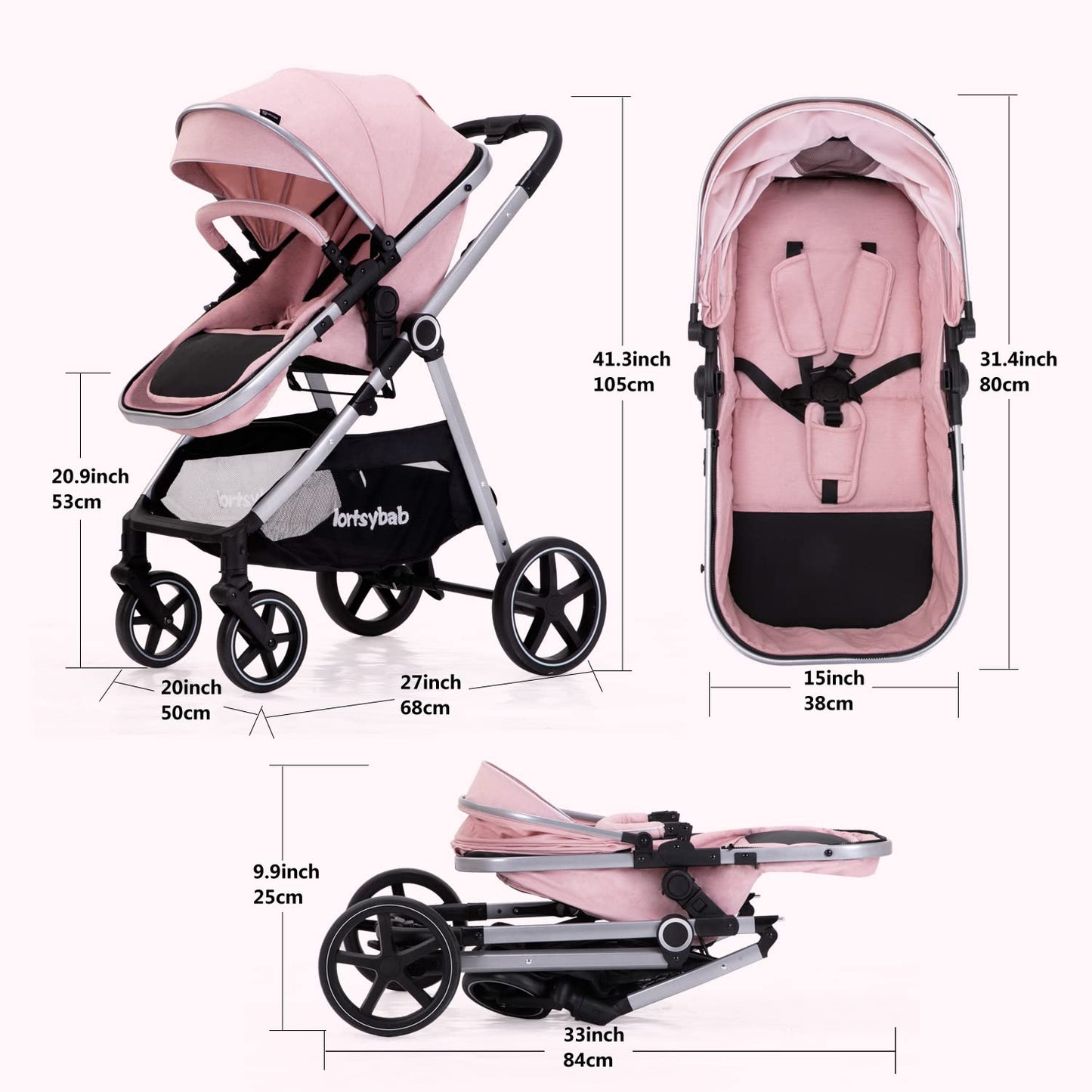 Lortsybab 2-in-1 baby stroller with beige reversible seat, folding infant pram for newborns and toddlers up to 36 months