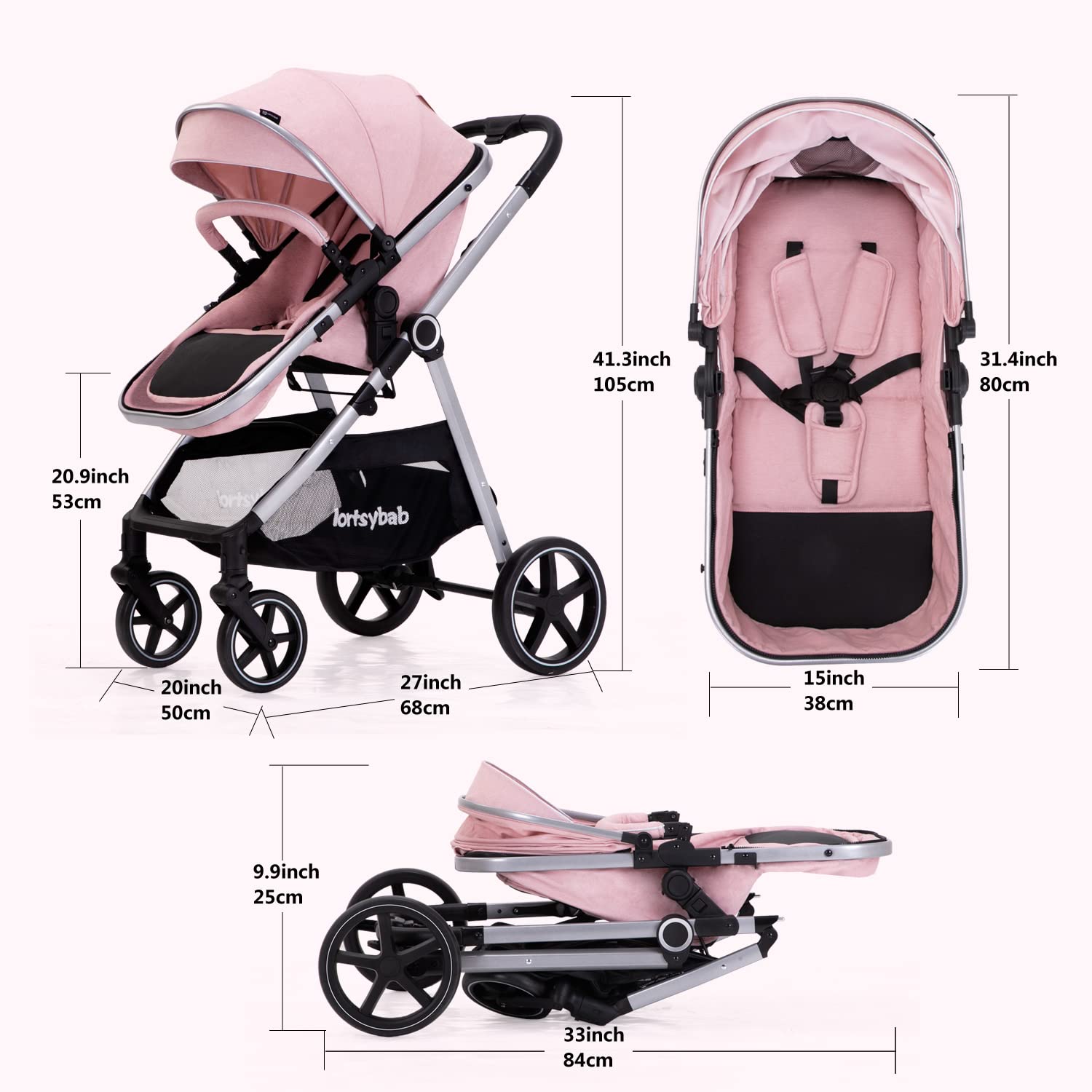 Lortsybab 2-in-1 baby stroller with beige reversible seat, folding infant pram for newborns and toddlers up to 36 months
