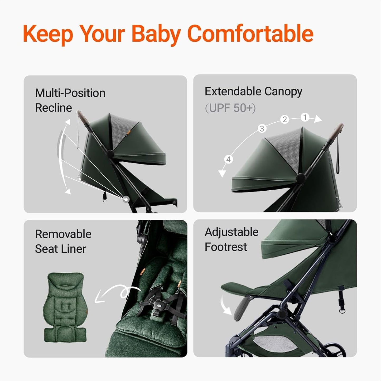 Lightweight MAMAZING Ultra Air baby travel stroller with carbon fiber frame, compact design, one-handed fold, ideal for toddlers and travel