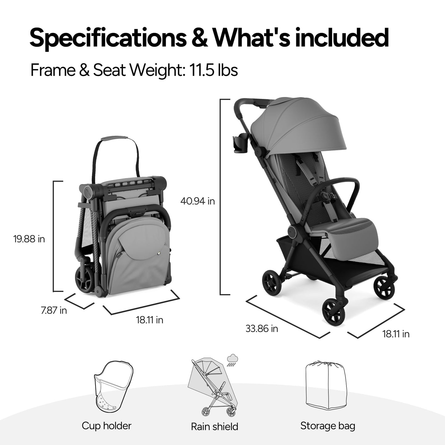 Mompush Nexis Carbon travel stroller with auto-fold, full recline, lightweight design, suitable from birth to 50 lbs.