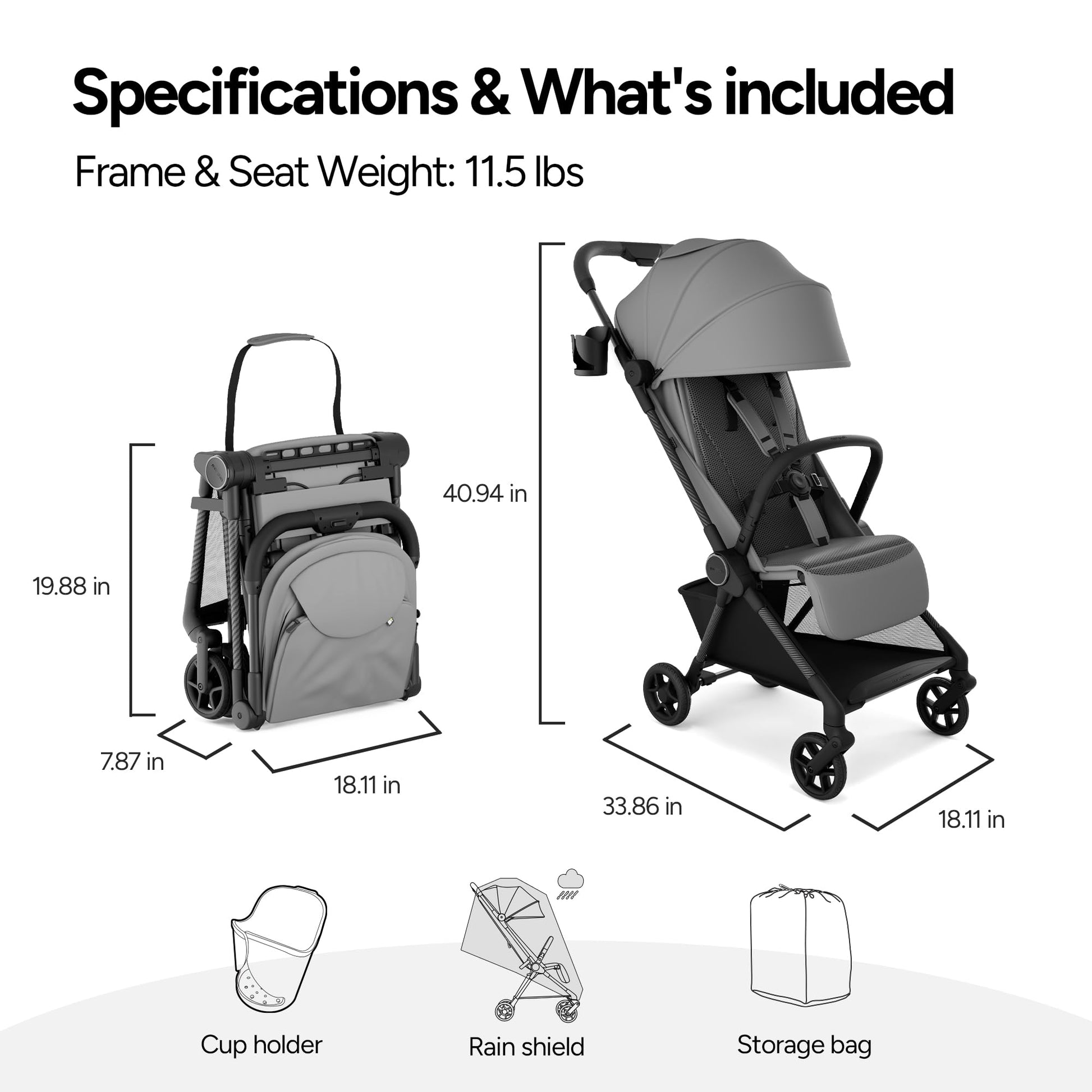 Mompush Nexis Carbon travel stroller with auto-fold, full recline, lightweight design, suitable from birth to 50 lbs.