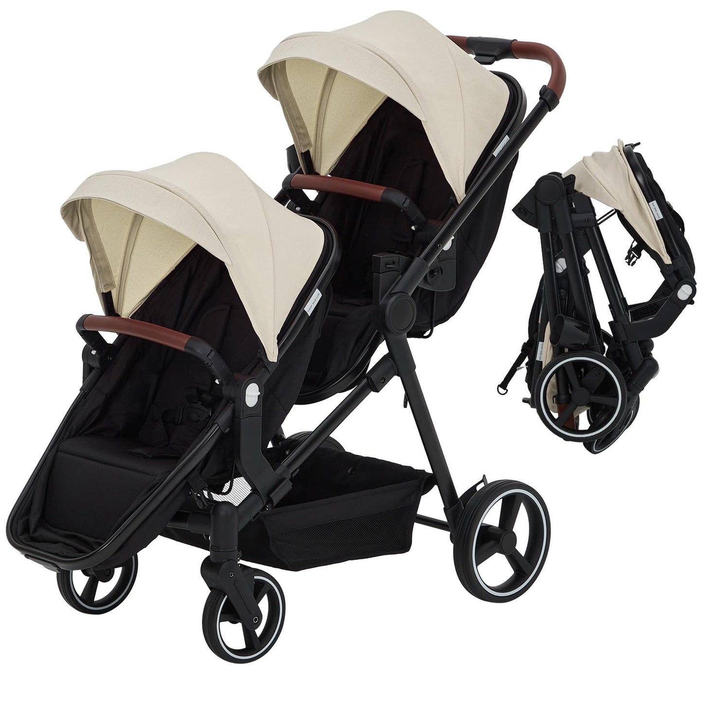 Black tandem stroller for newborn and toddler twins with reversible seats, adjustable canopy, one-hand fold, and large storage basket.