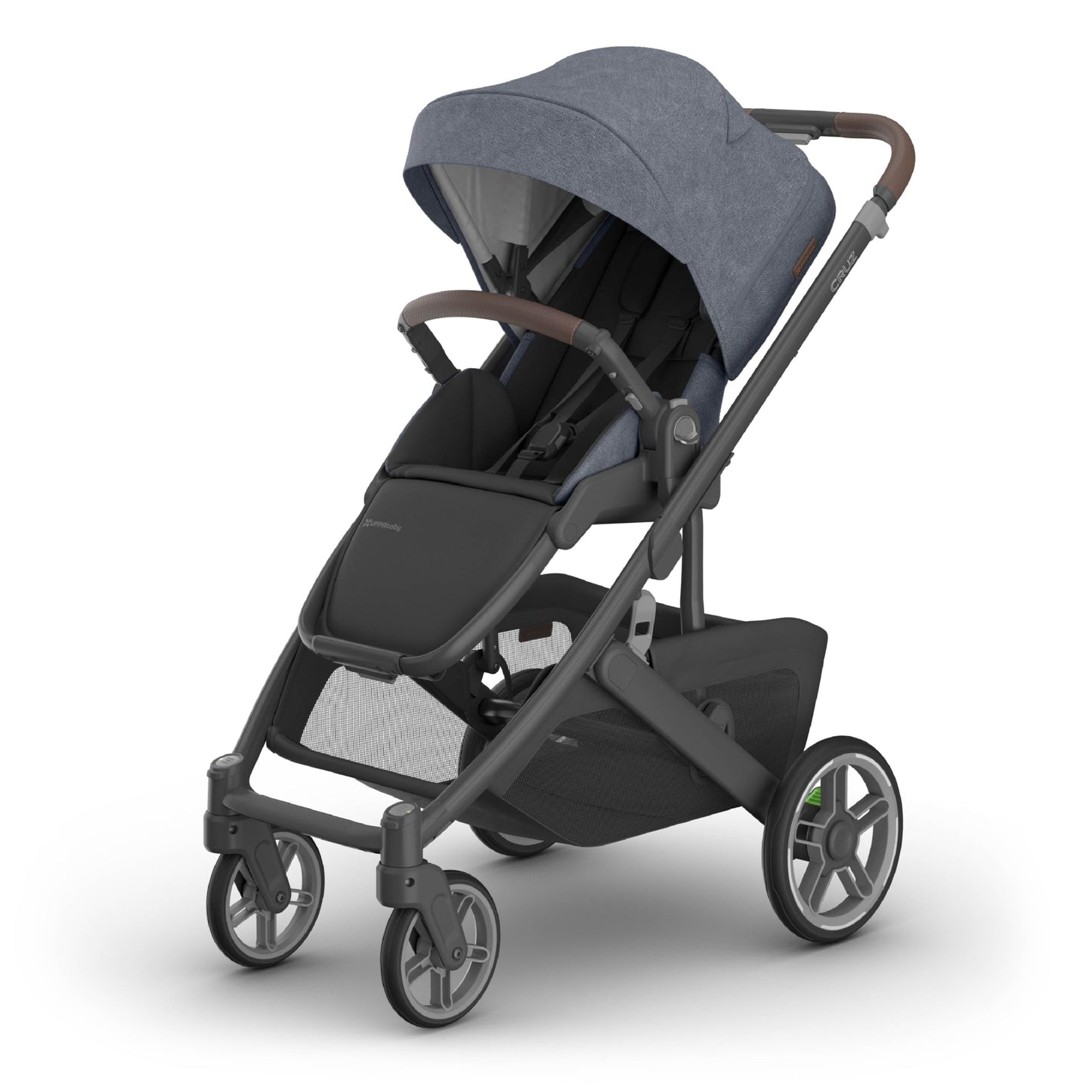 UPPAbaby Cruz V3 stroller in Greyson, with reversible seat, infant insert, car seat compatibility, and bug and rain shields.