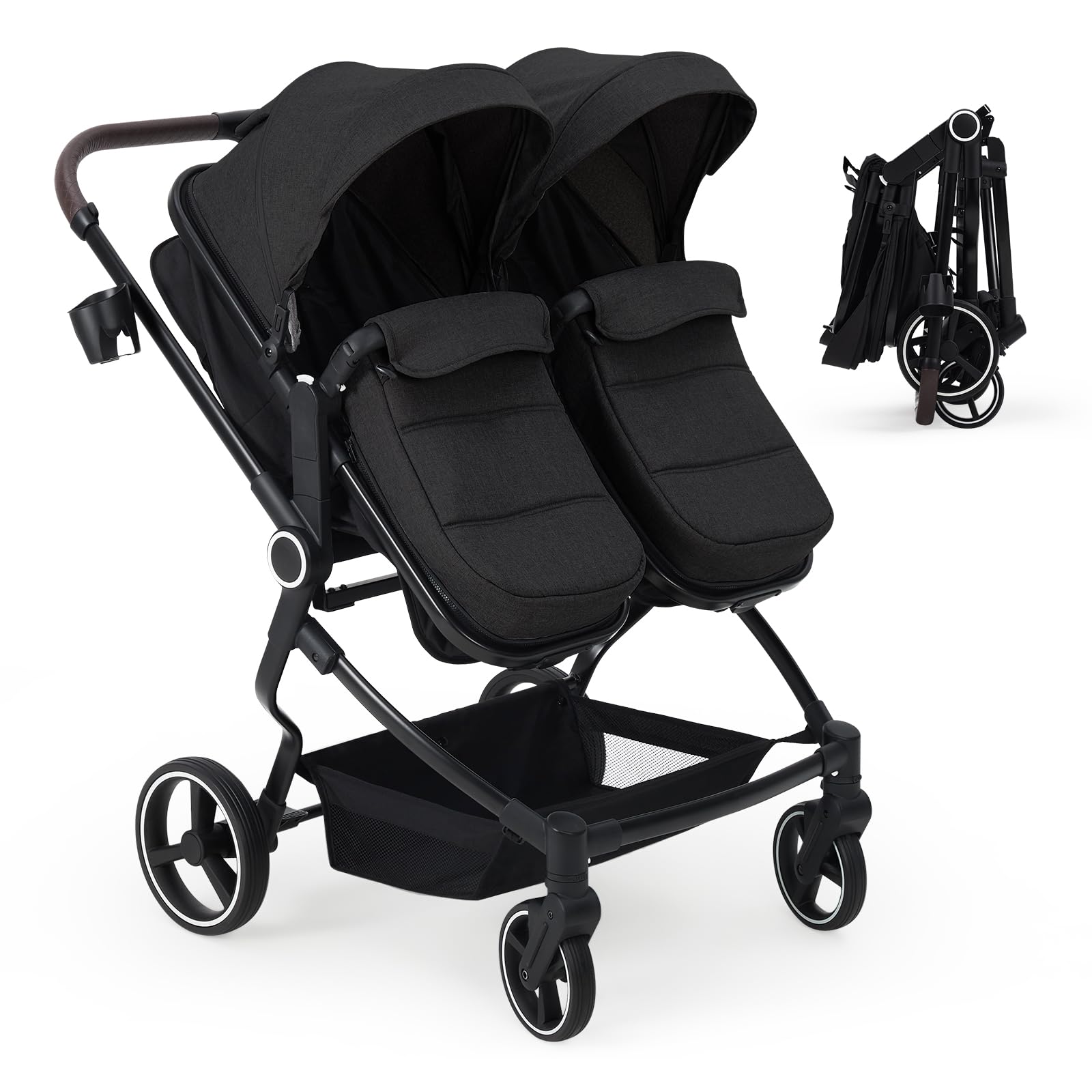 Lightweight double stroller for twins by My Store with reclining seats, adjustable canopies, 5-point harness, and high landscape design.