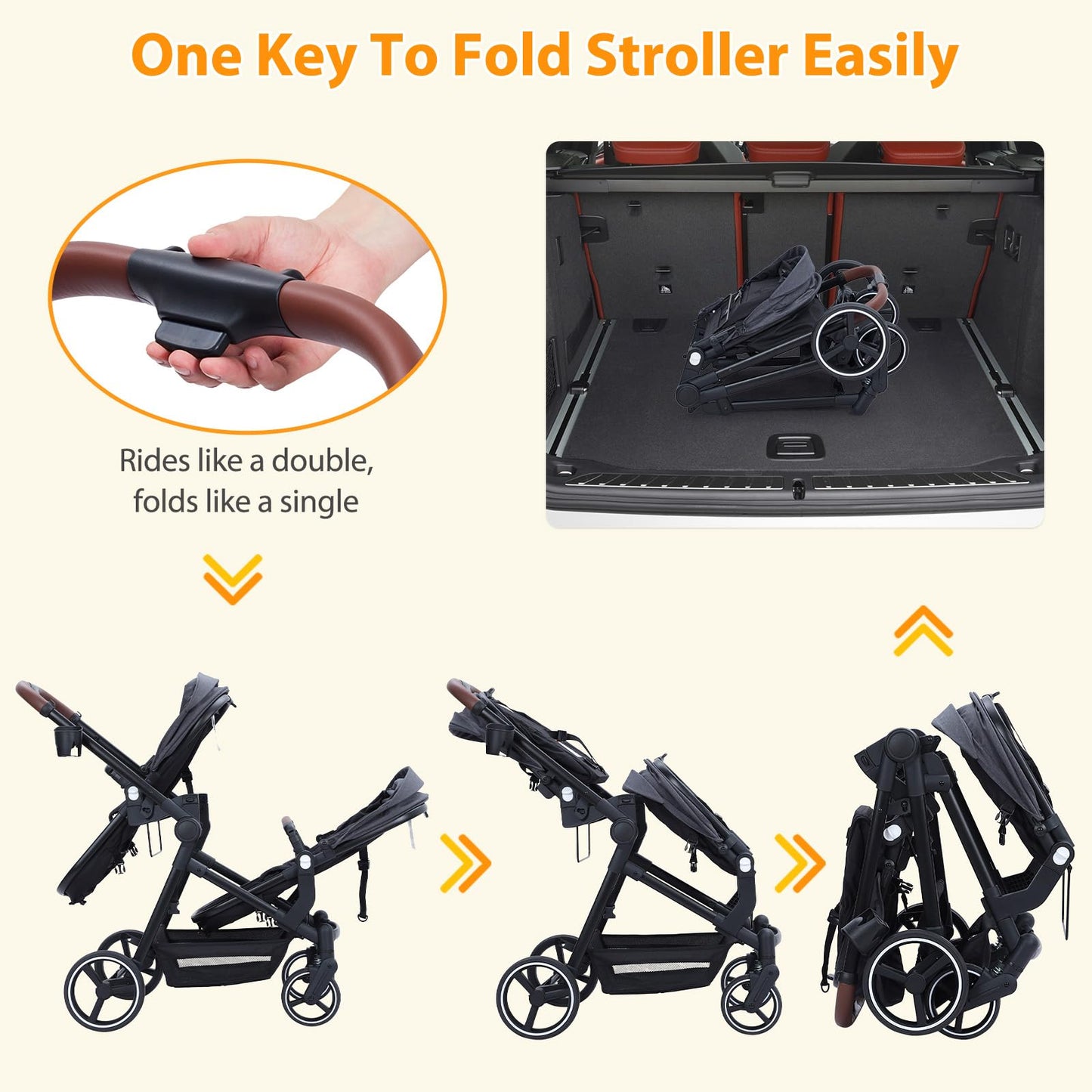 Dark grey tandem double stroller for newborn and toddler, with reversible seats, adjustable canopy, 5-point harness, and large storage basket.