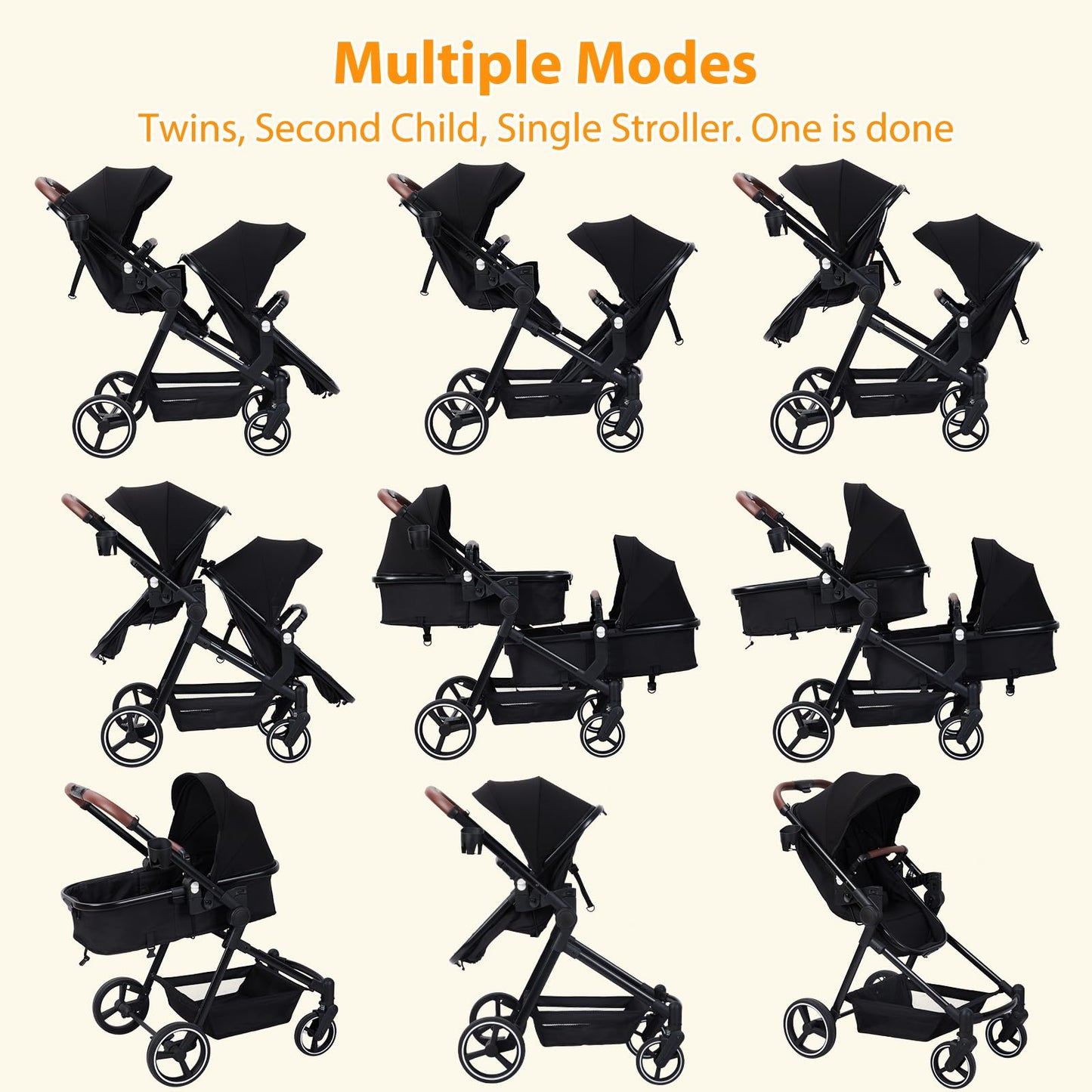 Black tandem stroller for newborn and toddler twins with reversible seats, adjustable canopy, one-hand fold, and large storage basket.