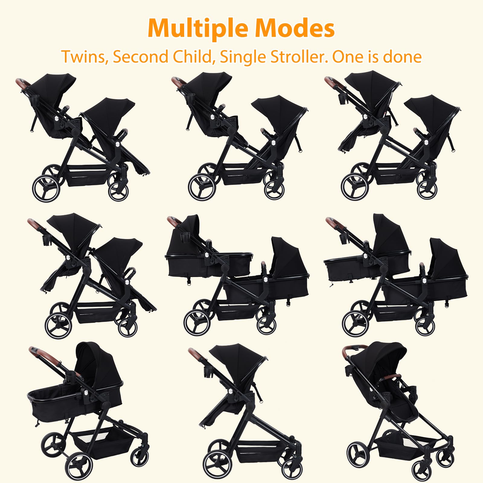 Black tandem stroller for newborn and toddler twins with reversible seats, adjustable canopy, one-hand fold, and large storage basket.