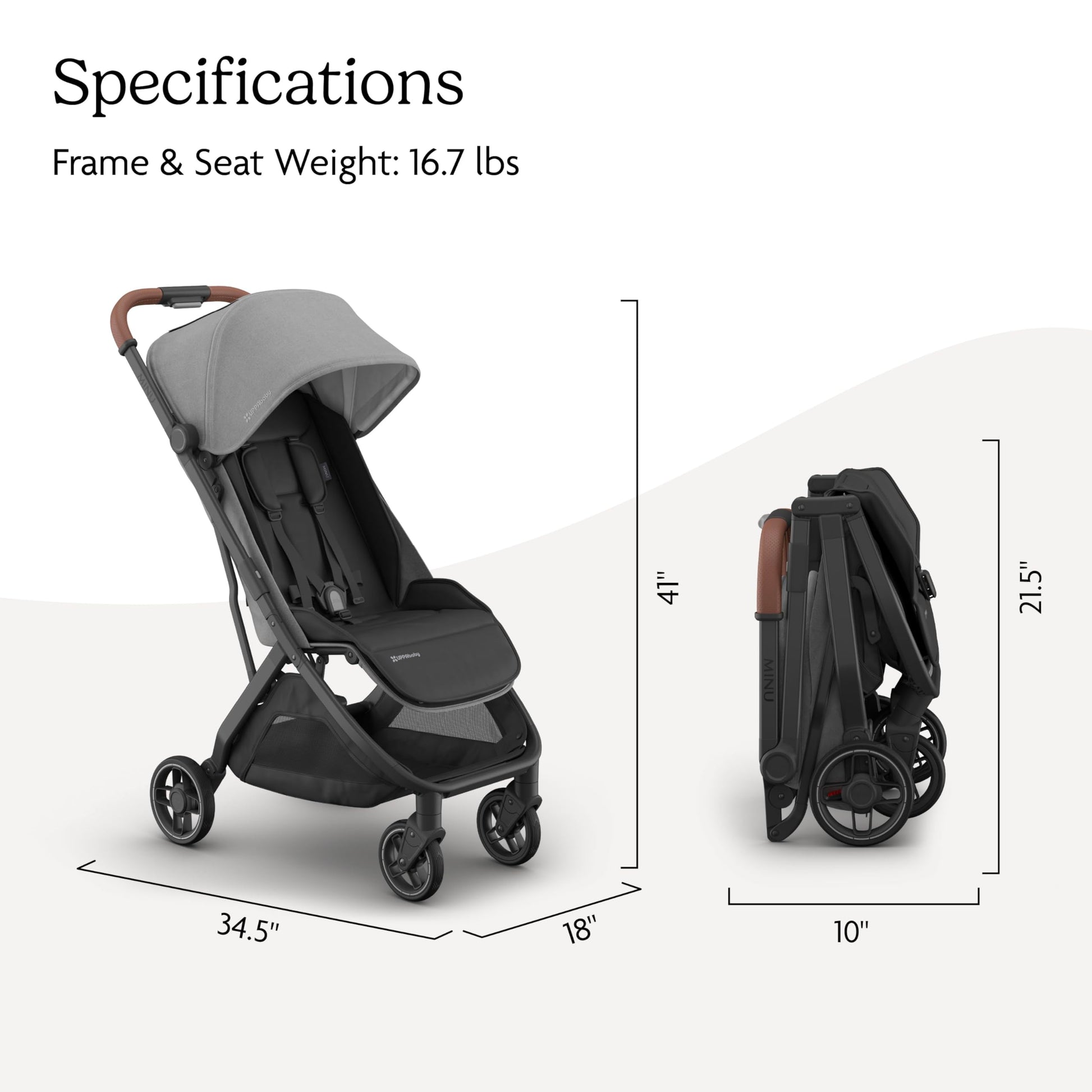 UPPAbaby Minu V3 travel stroller in greyson with charcoal frame and saddle leather, showing lightweight, compact design and one-hand fold.
