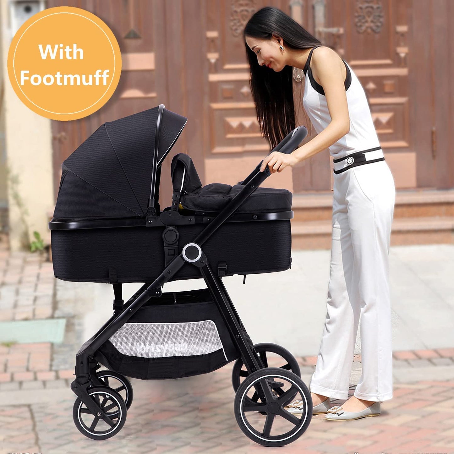 Lortsybab 2-in-1 baby stroller with beige frame, reversible seat, folded and unfolded views, suitable for infants and toddlers 0-36 months