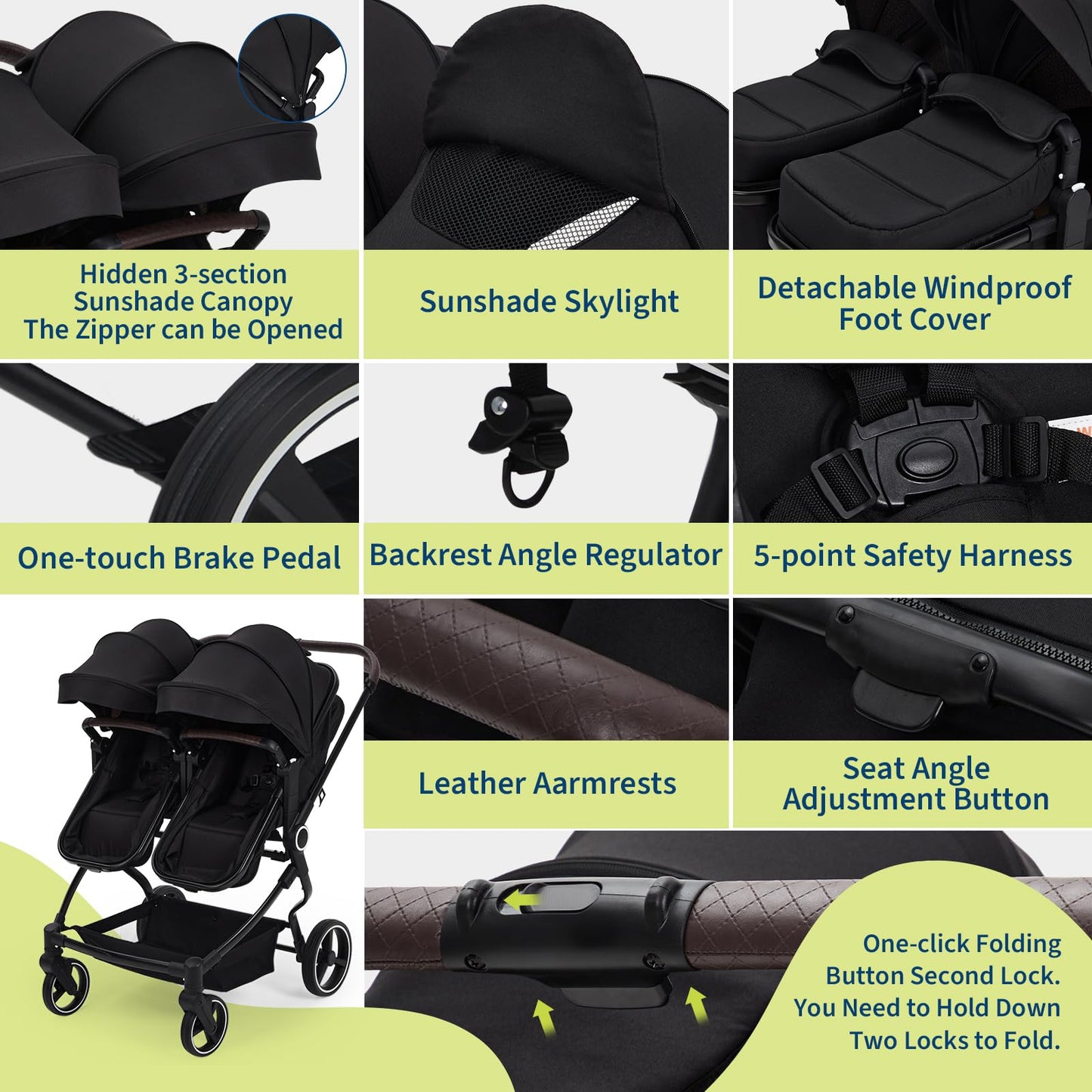 Lightweight double stroller for twins by My Store with reclining seats, adjustable canopy, 5-point harness, and high landscape design.