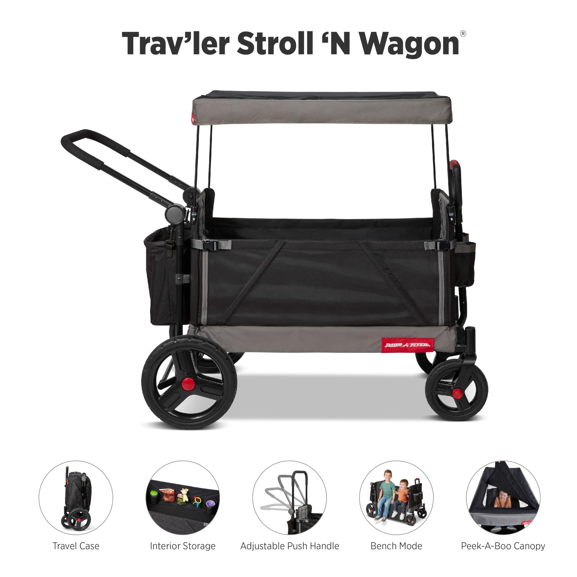 Red Radio Flyer wagon for kids with wheels, convertible stroller and rolling cart, suitable for toddlers ages 1 and up.