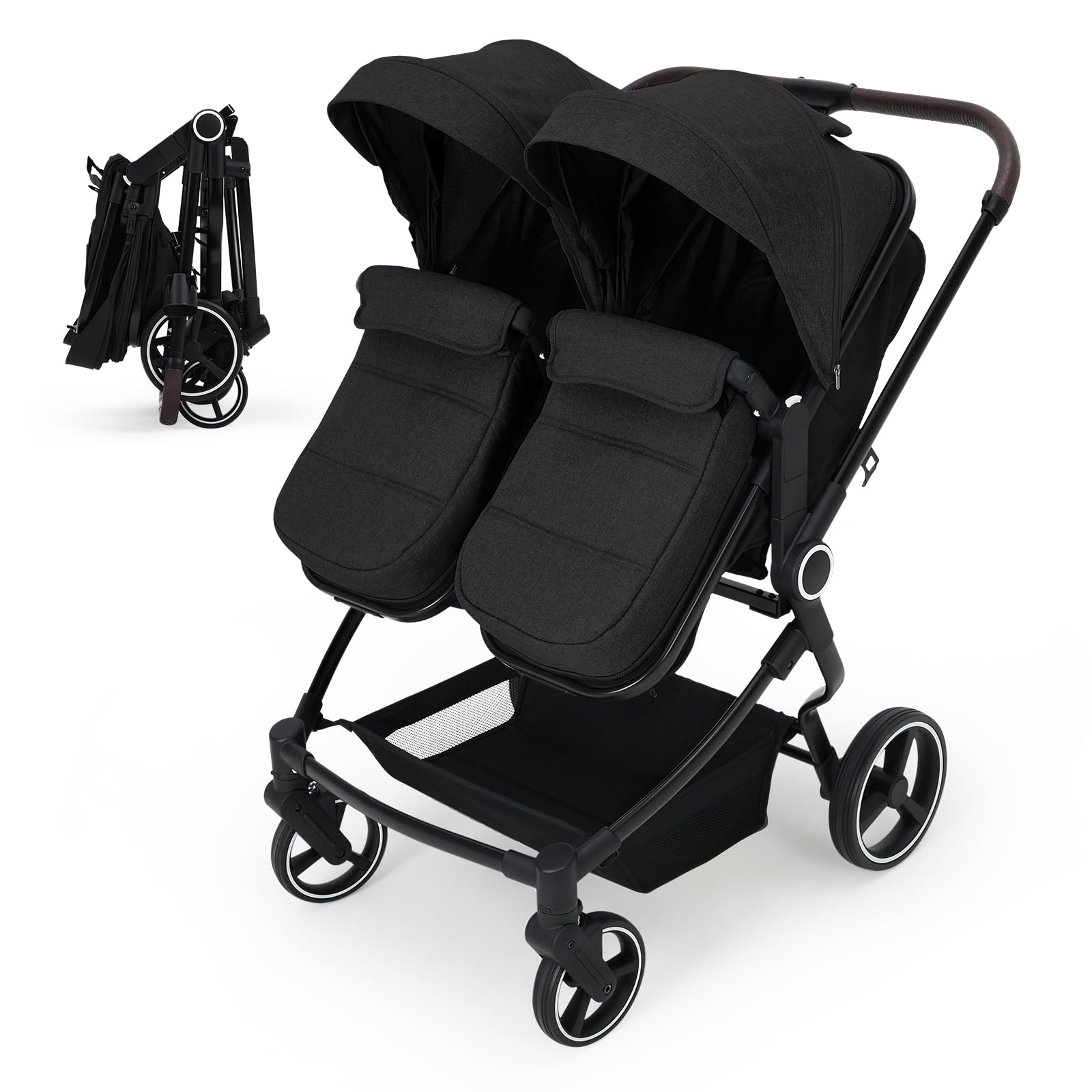 Lightweight double stroller for twins with reclining seats, adjustable canopy, 5-point harness, and high landscape design for infants and toddlers