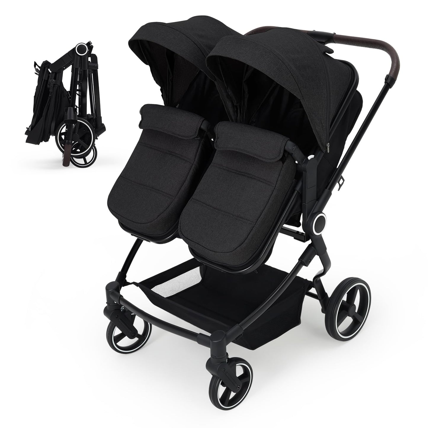 Lightweight double stroller for twins with reclining seats, adjustable canopy, 5-point harness, and high landscape design.
