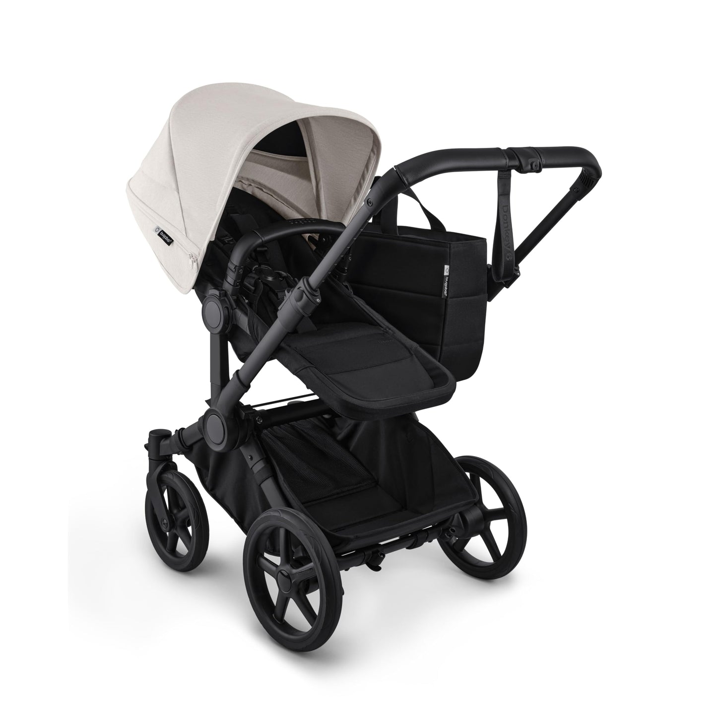 Bugaboo Donkey 6 Cocoa Brown single-to-double all-terrain stroller with toddler and newborn seating arrangement, side-by-side design.