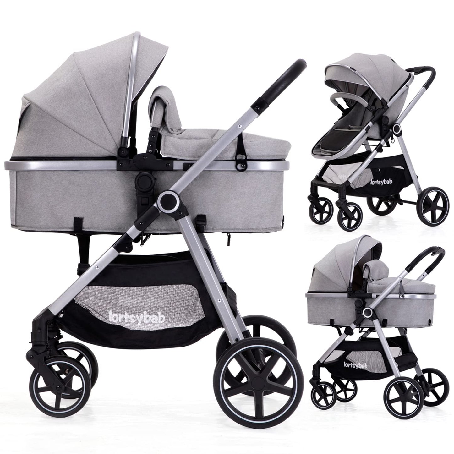 Lortsybab 2-in-1 baby stroller with beige frame, reversible seat, folding design, suitable for infants and toddlers 0-36 months.