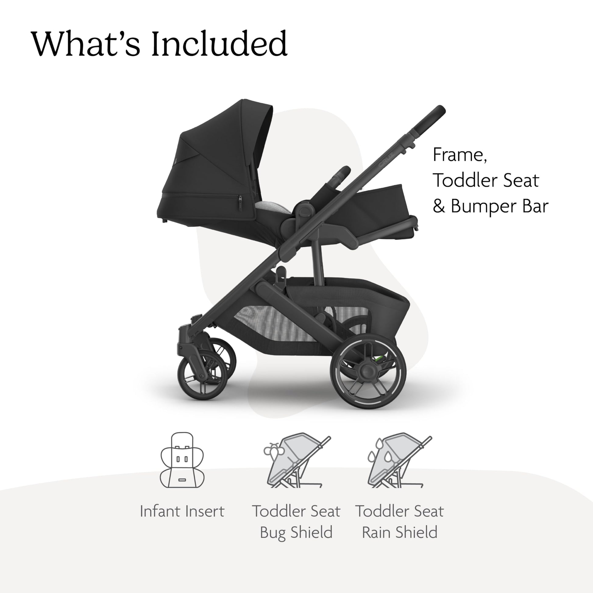 UPPAbaby Cruz V3 stroller in Greyson with reversible seat, infant insert, bug and rain shields, charcoal mélange frame, saddle leather accents.