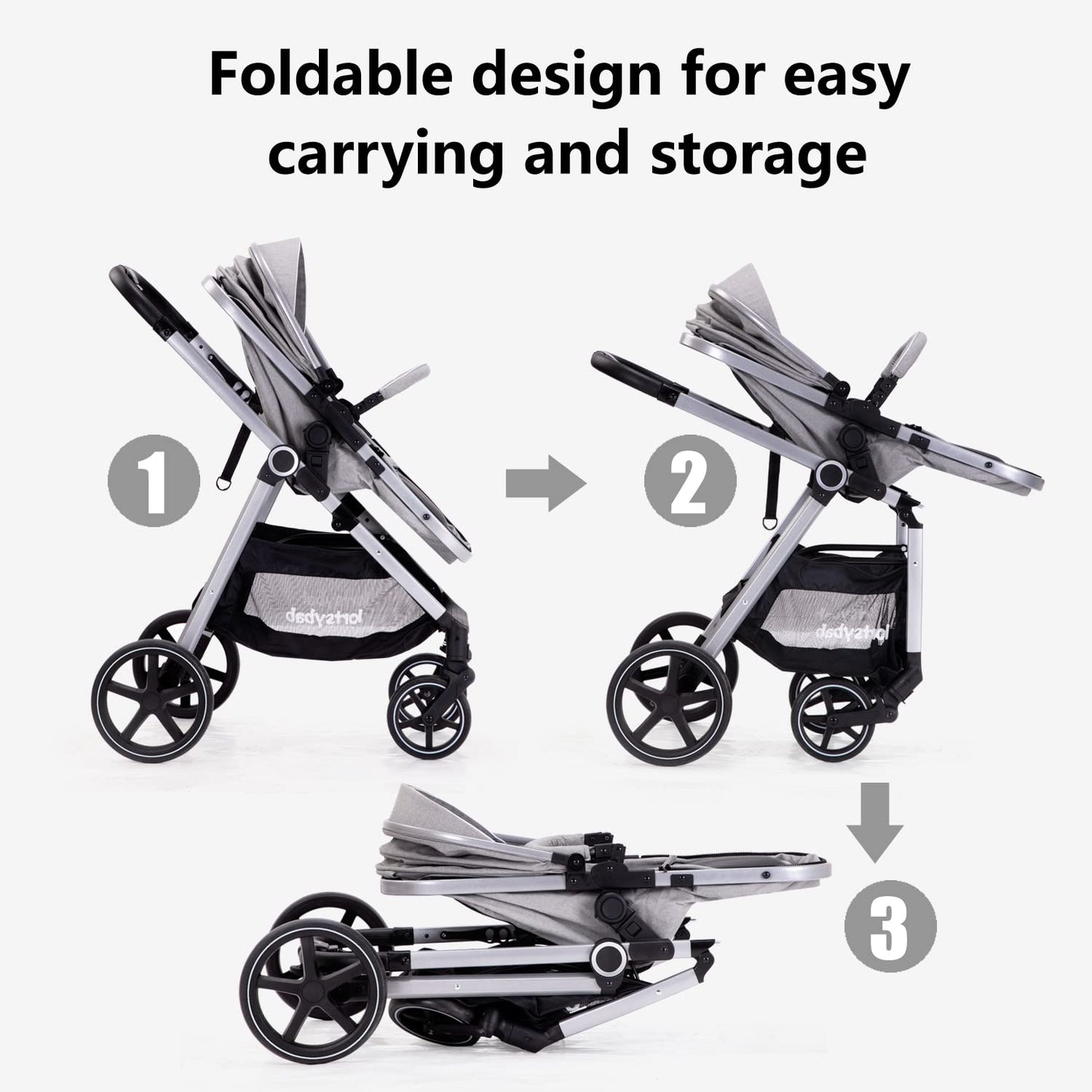 Lortsybab 2-in-1 baby stroller with beige reversible seat, foldable infant pram for newborns and toddlers aged 0-36 months.