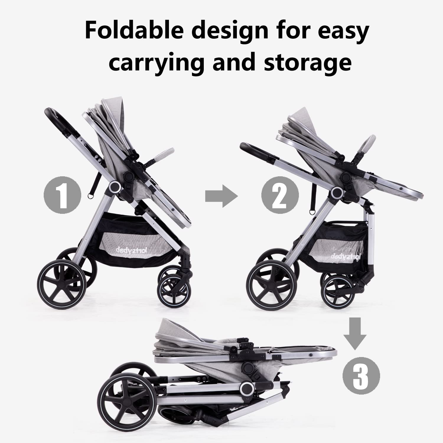 Lortsybab 2-in-1 baby stroller with beige reversible seat, foldable infant pram for newborns and toddlers aged 0-36 months.
