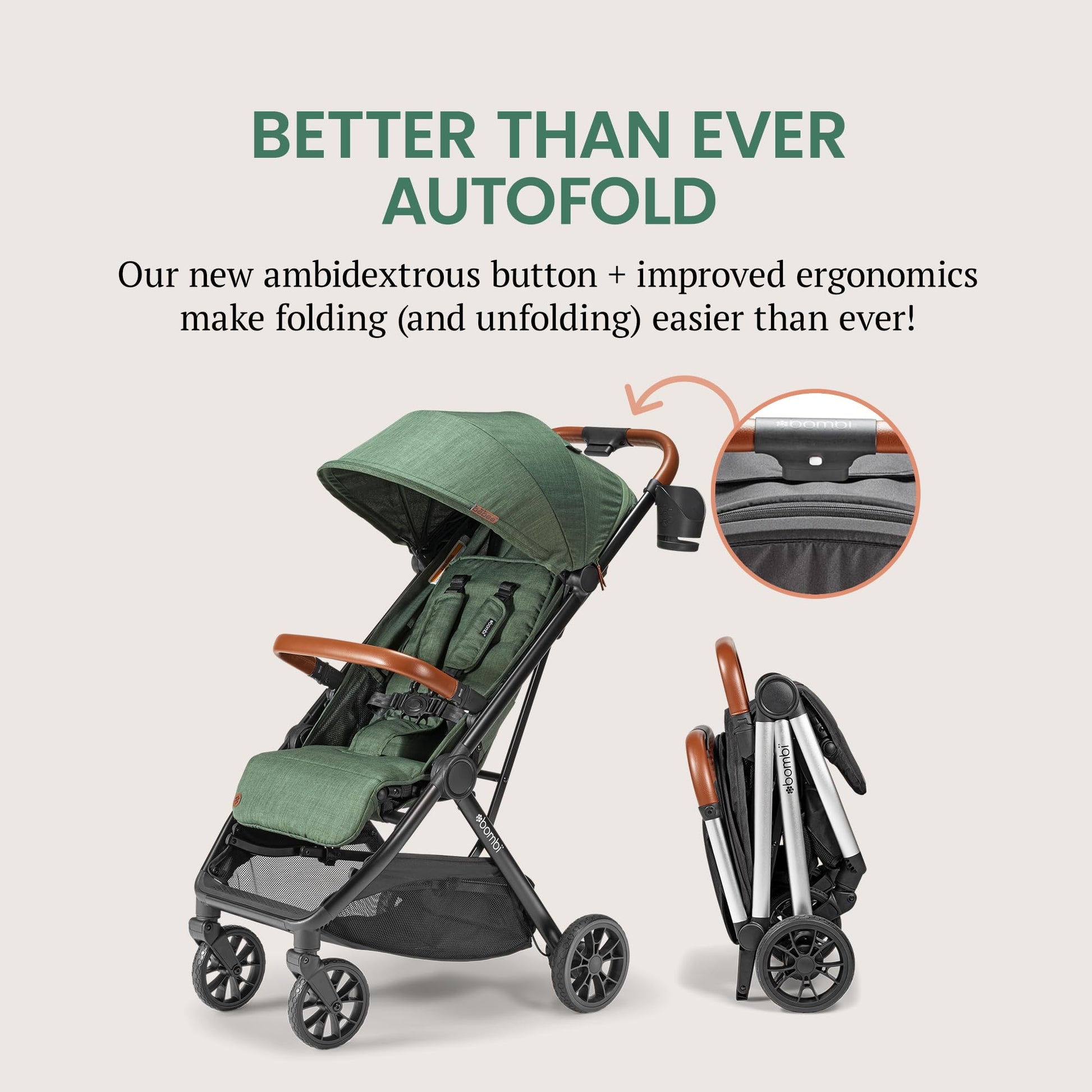 Lightweight Bombi Bēbee V2 baby stroller with vegan leather, one-hand fold, infinite recline, large canopy, aluminum frame, and ample storage