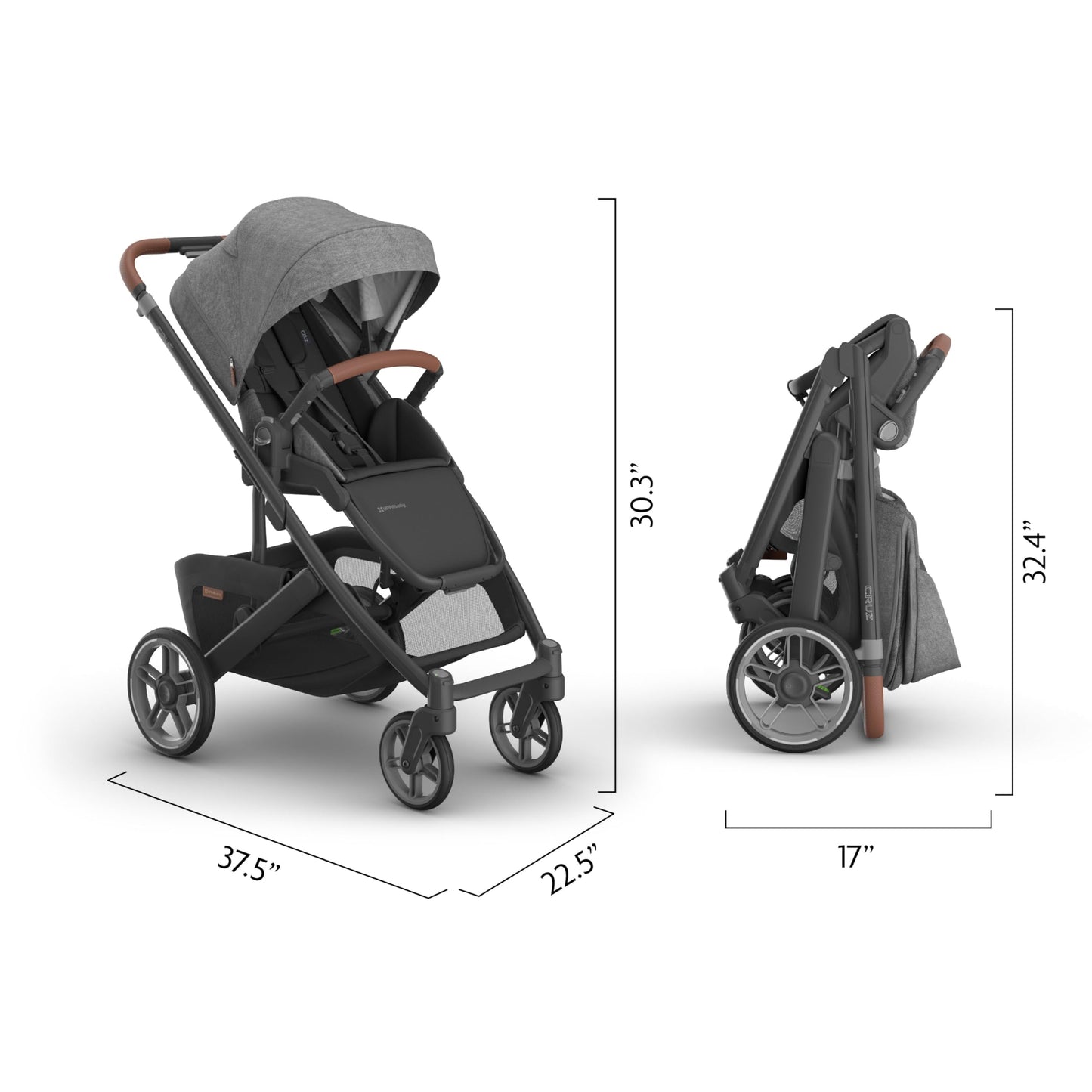 UPPAbaby Cruz V3 stroller in Greyson with reversible seat, infant insert, bug and rain shields, charcoal mélange and saddle leather accents.