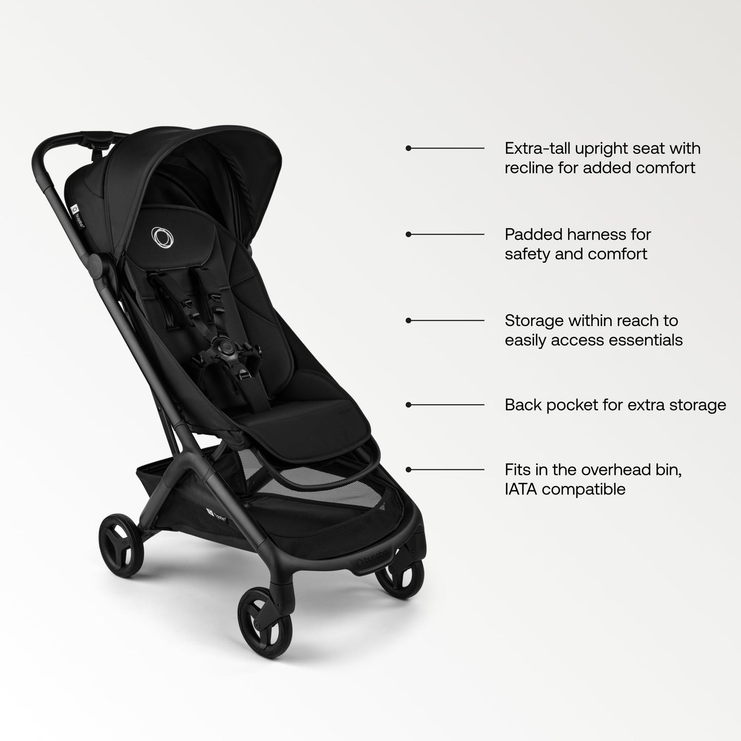 Black Bugaboo Butterfly 2 travel stroller with ultra-compact fold, lightweight design, suitable for airplane travel, shown in folded state.