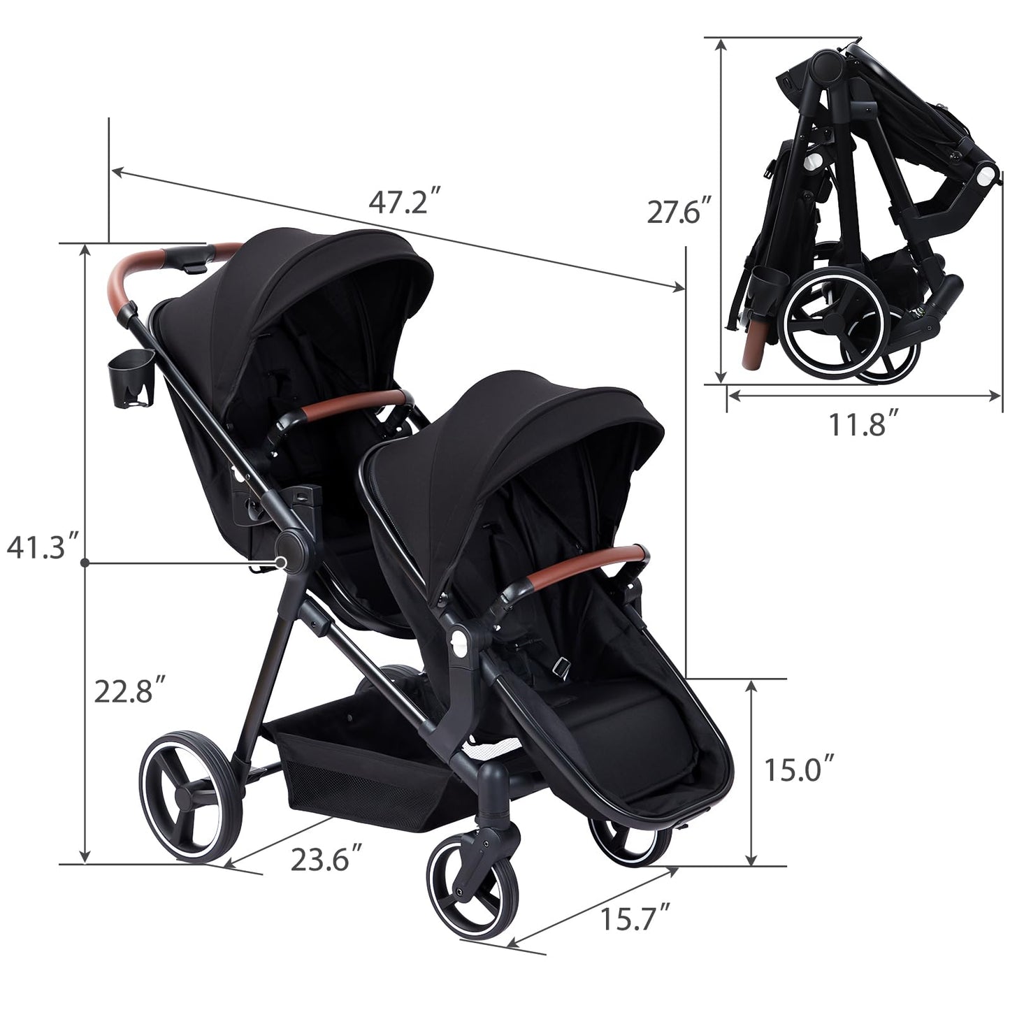 My Store tandem stroller with double bassinet, reversible seats, adjustable canopy, one-hand fold, and large storage basket in black.