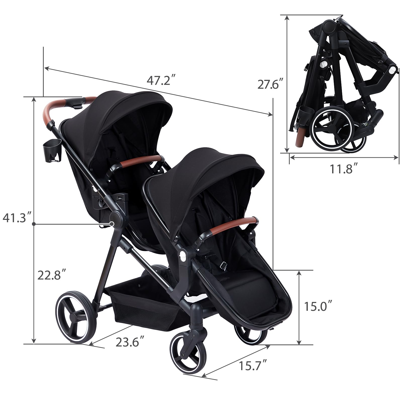 My Store tandem stroller with double bassinet, reversible seats, adjustable canopy, one-hand fold, and large storage basket in black.