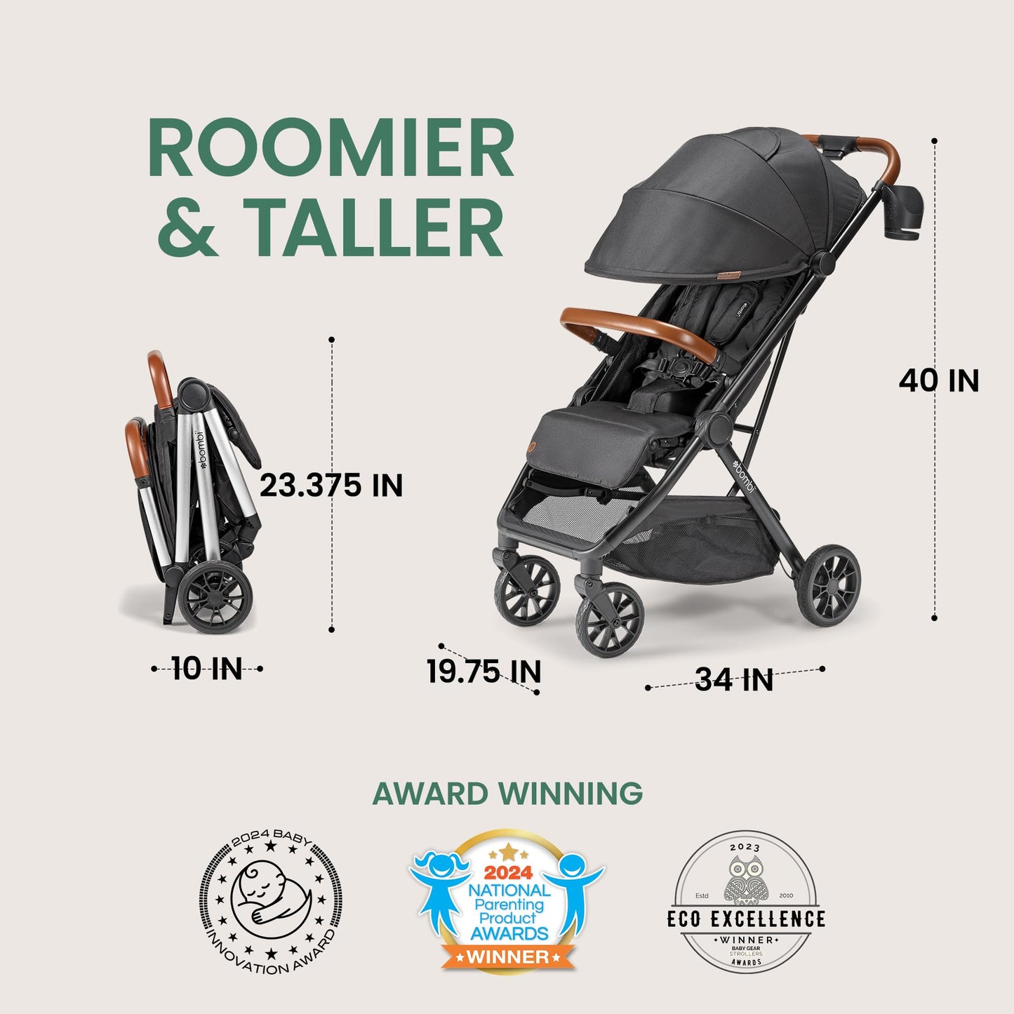 Lightweight Bombi Bēbee V2 baby stroller with vegan leather, one-hand fold, infinite recline, aircraft-grade frame, and XXL canopy.