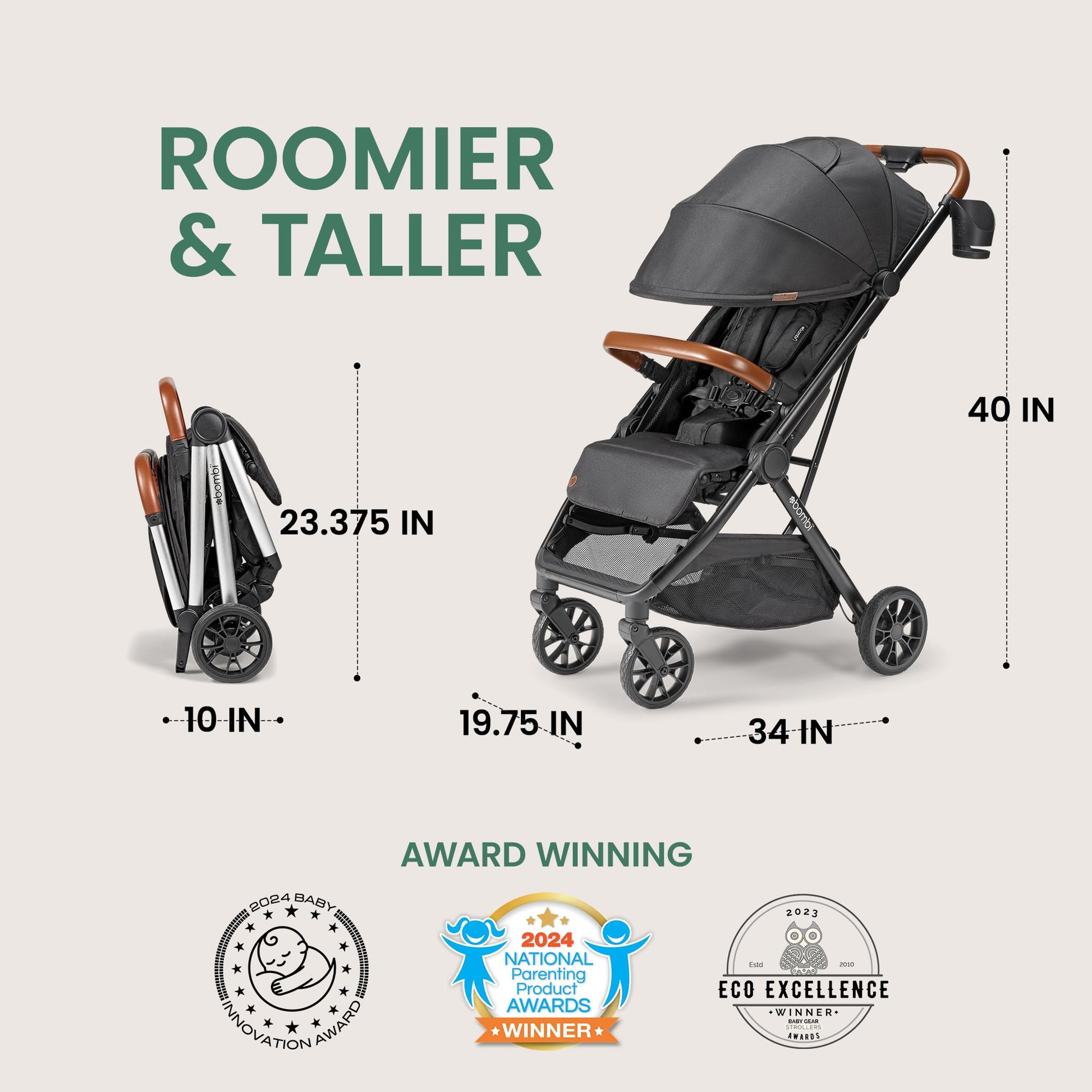 Lightweight Bombi Bēbee V2 baby stroller with vegan leather, one-hand fold, infinite recline, aircraft-grade frame, and XXL canopy.