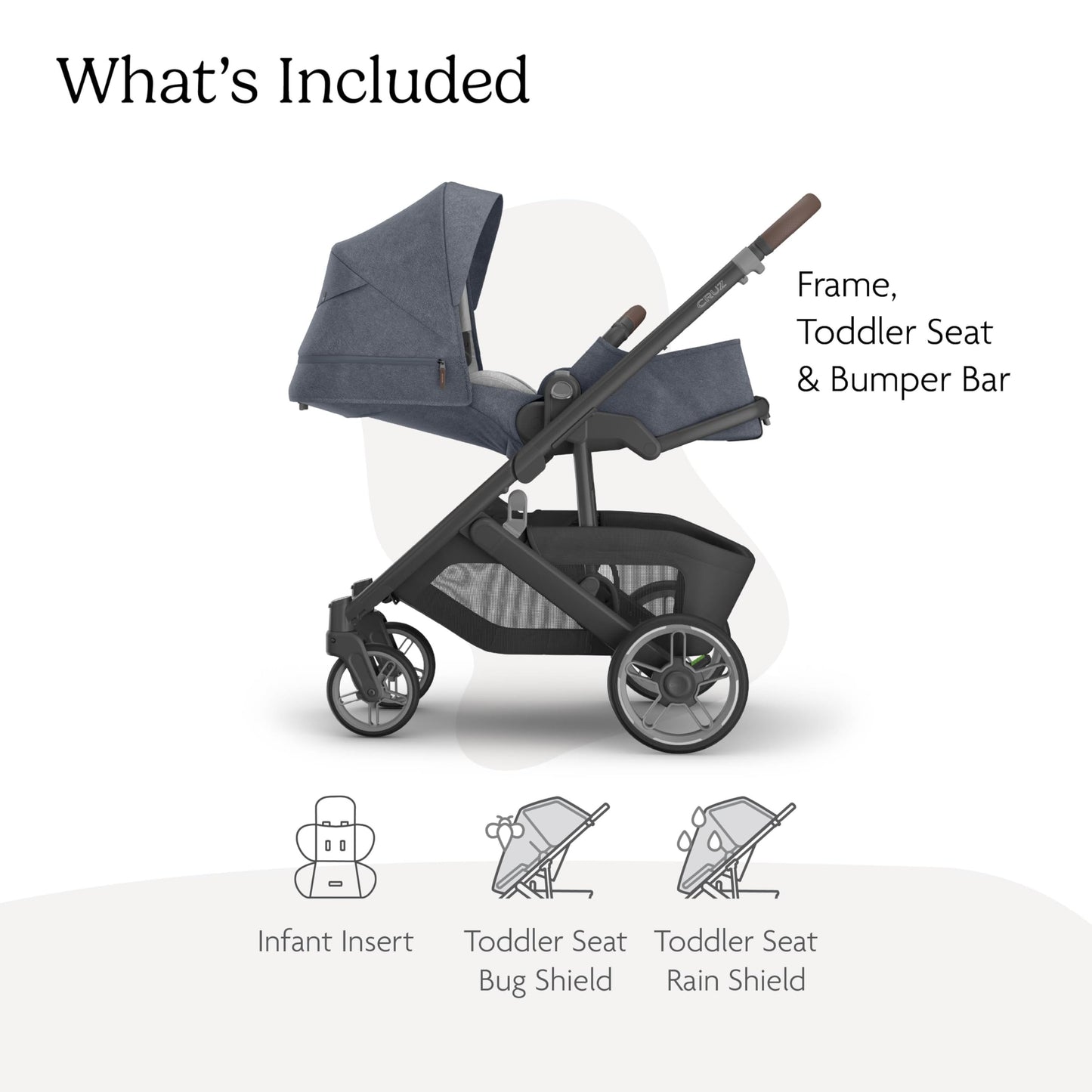 UPPAbaby Cruz V3 stroller in Greyson with reversible seat, infant insert, car seat compatibility, bug and rain shields included
