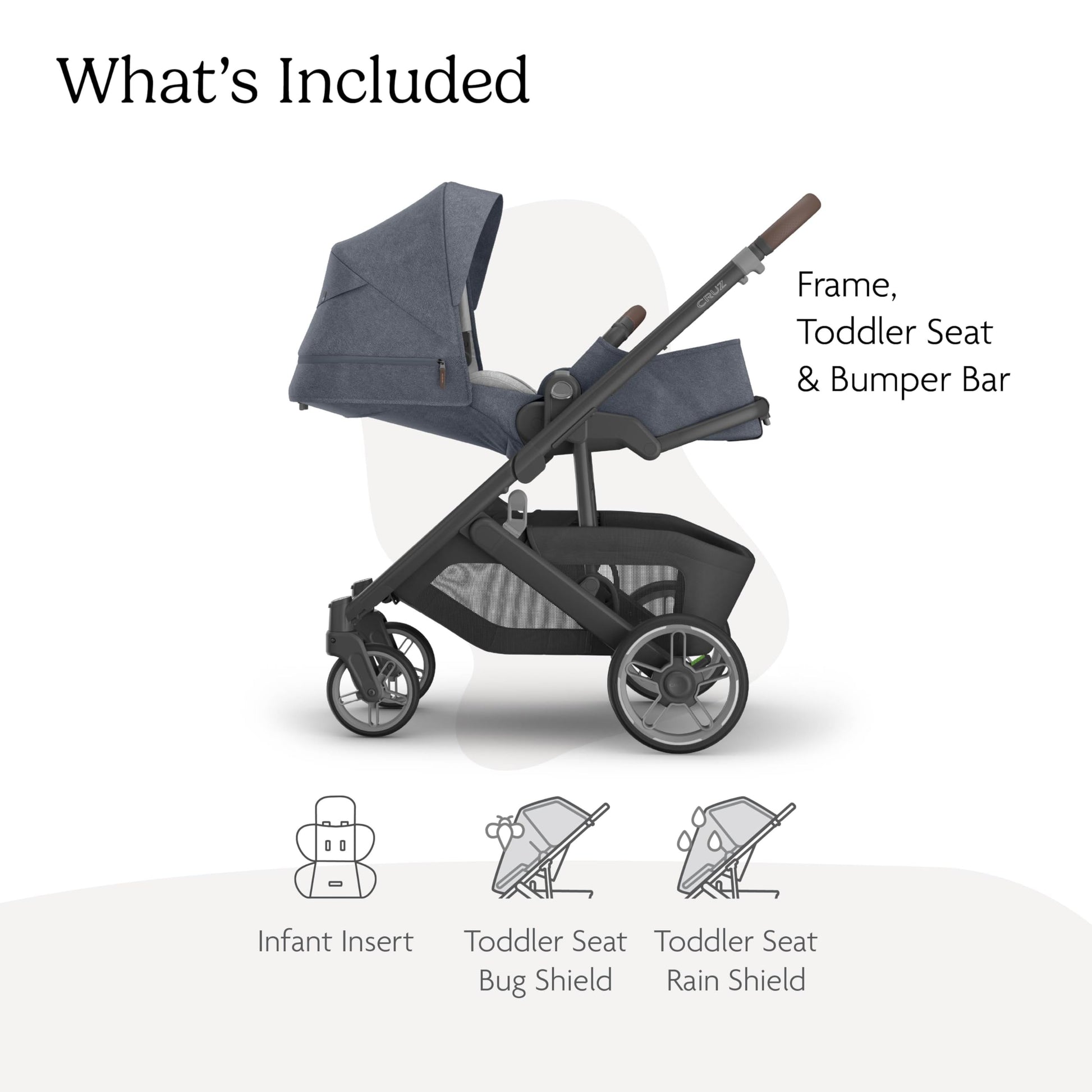 UPPAbaby Cruz V3 stroller in Greyson with reversible seat, infant insert, car seat compatibility, bug and rain shields included
