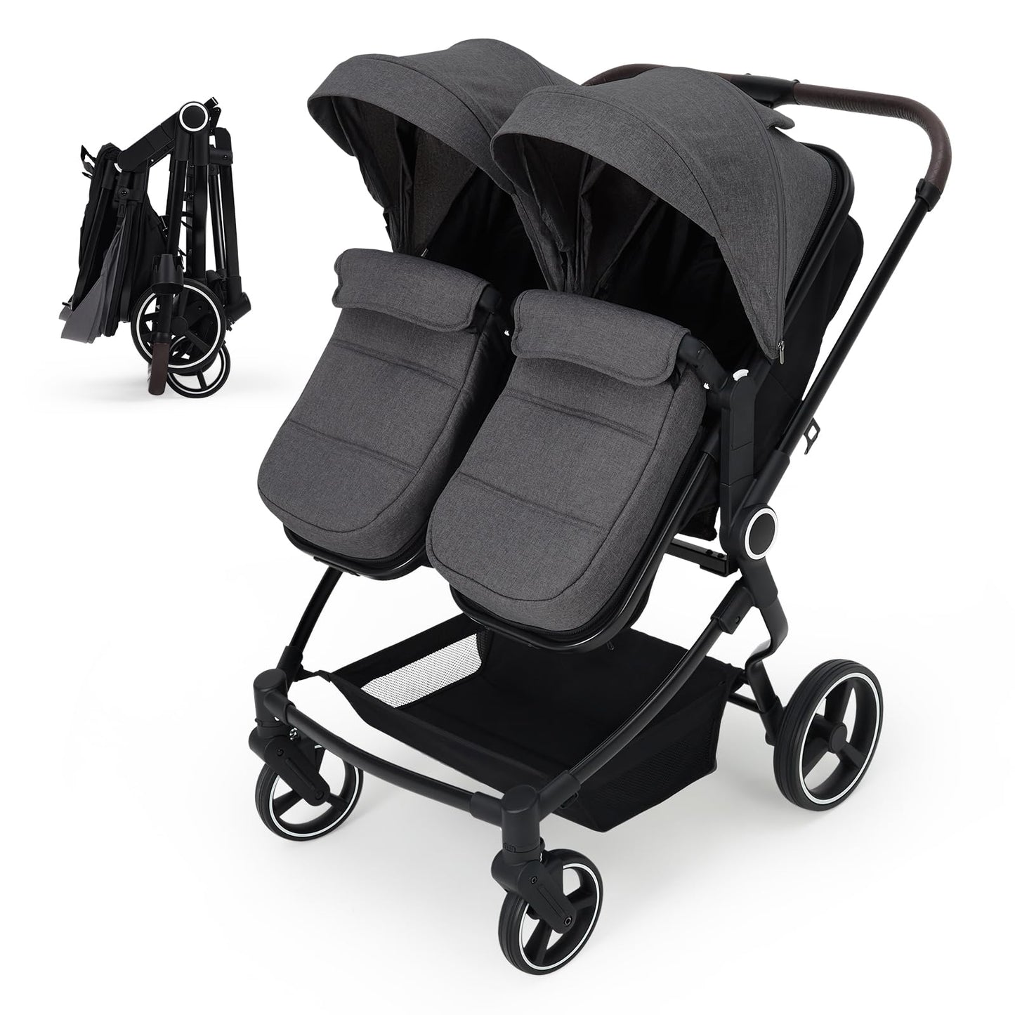 Pink double stroller for newborn and toddler with adjustable recline, canopy, lightweight fold, and parent cup holders.