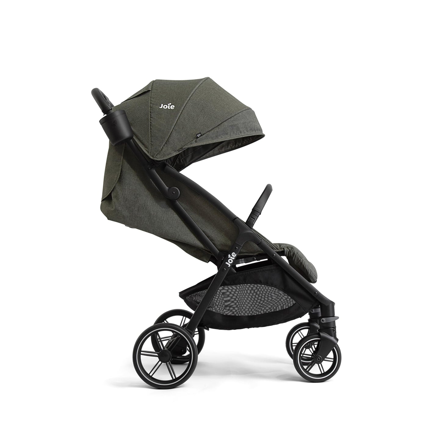 Joie Nutmeg compact stroller in shale with one-hand fold, lightweight design, suitable for easy transportation and travel.