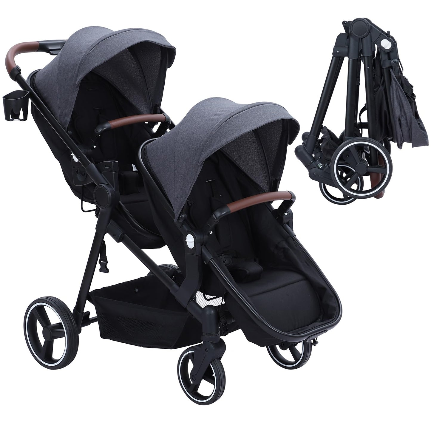 Dark grey tandem double stroller for twins with foldable design, reversible seats, adjustable canopy, 5-point harness, and large storage basket.