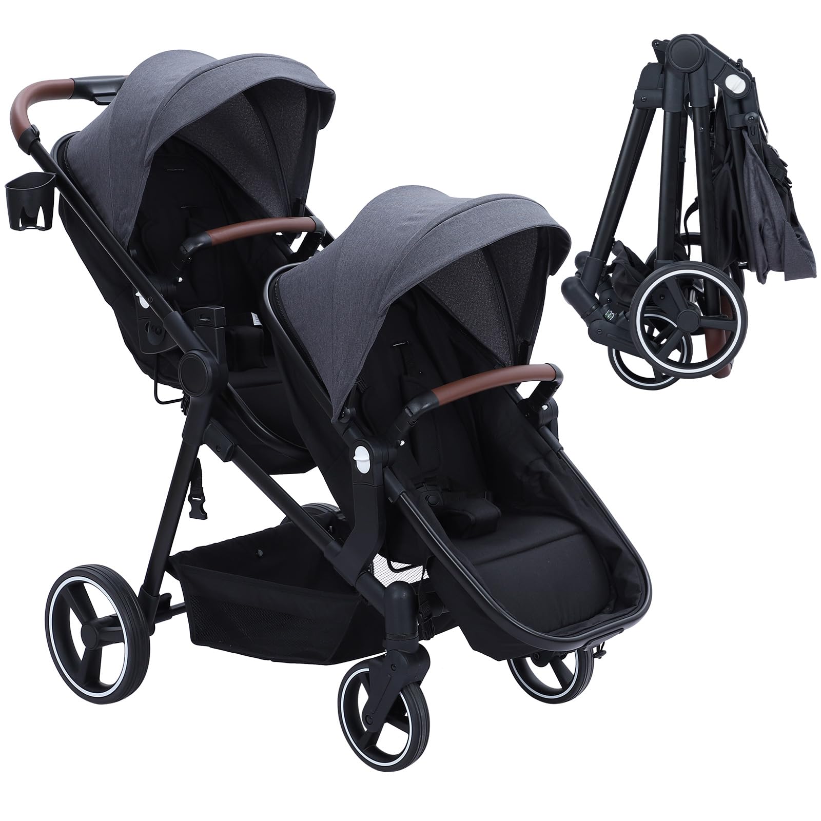 Dark grey tandem double stroller for twins with foldable design, reversible seats, adjustable canopy, 5-point harness, and large storage basket.
