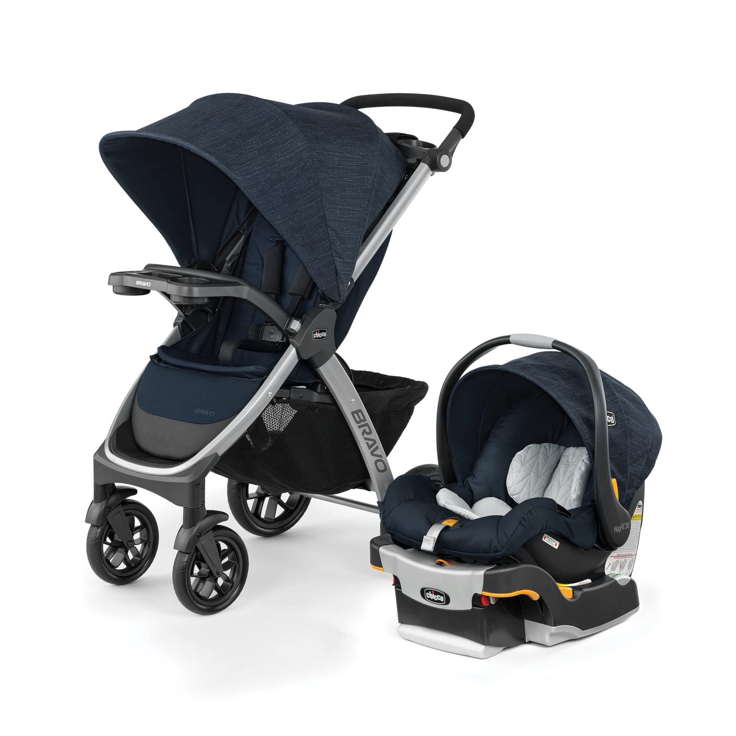 Chicco Bravo 3-in-1 travel system with black stroller, KeyFit 30 infant car seat, and base, suitable for travel and everyday use