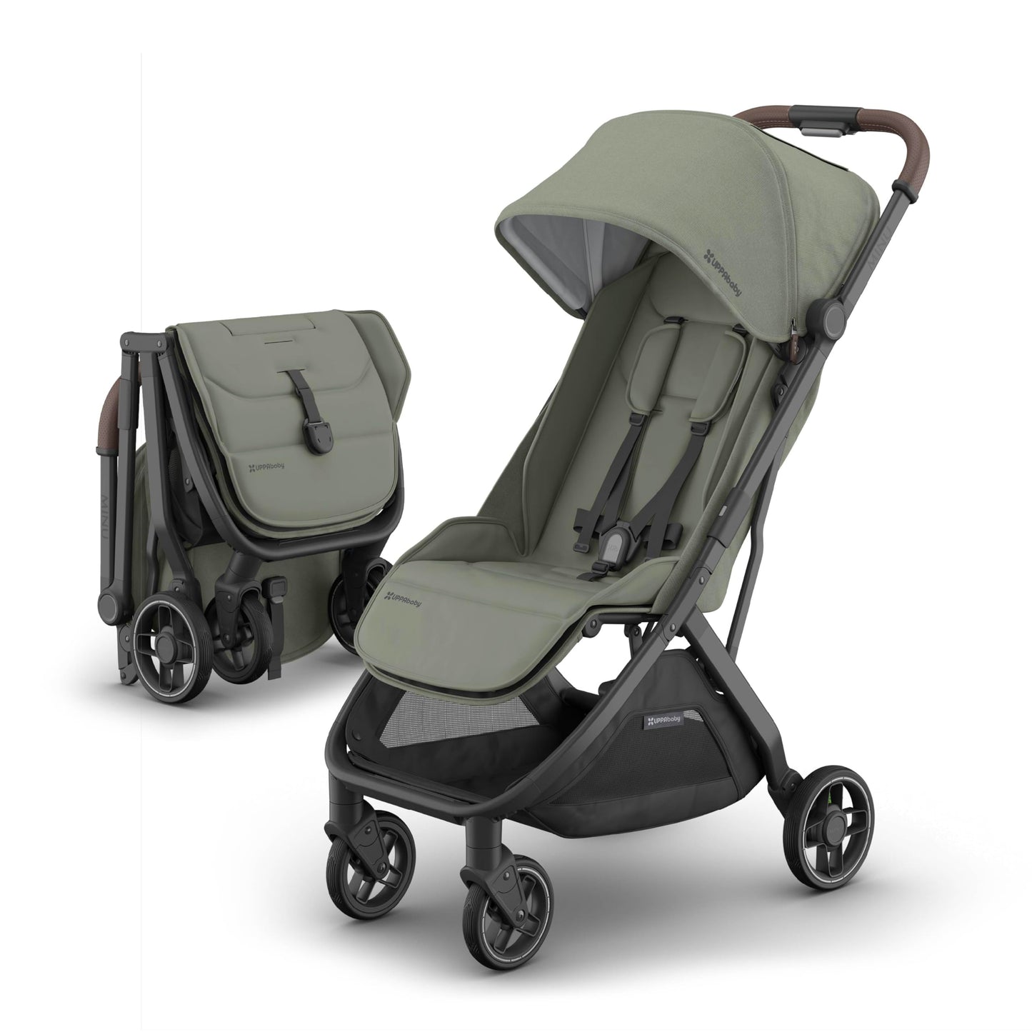 UPPAbaby Minu V3 lightweight travel stroller in Greyson with charcoal frame, saddle leather accents, showing folded and unfolded views