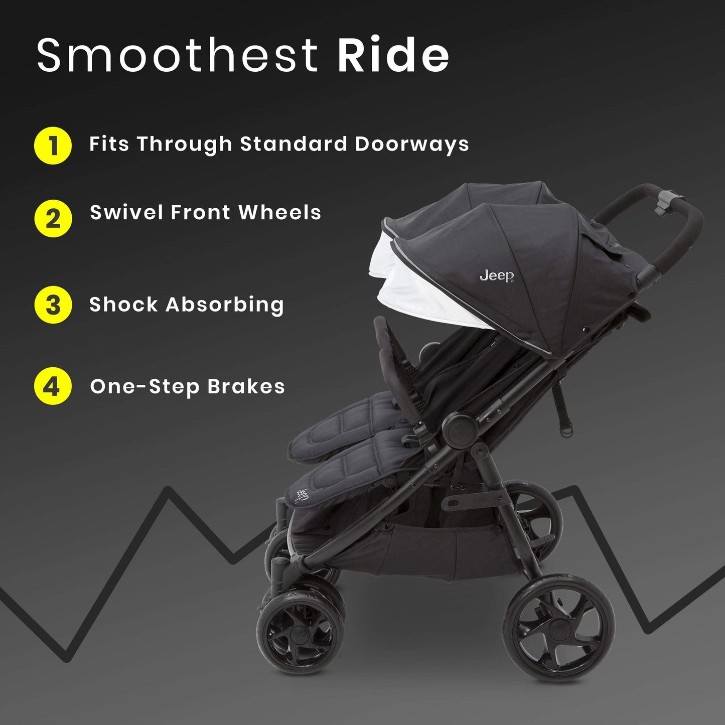 Jeep Destination Ultralight Side-by-Side Double Stroller in midnight color, lightweight and compact for easy travel.