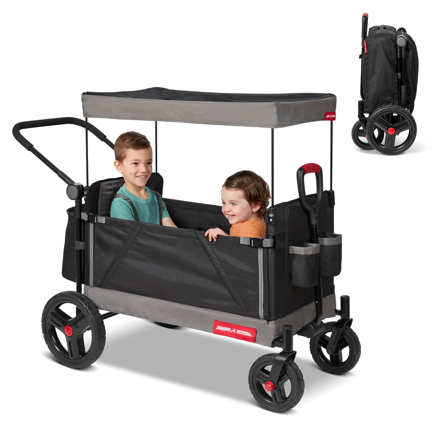 Red Radio Flyer wagon for kids with wheels, convertible toddler stroller and rolling beach cart for children aged 1+ years.