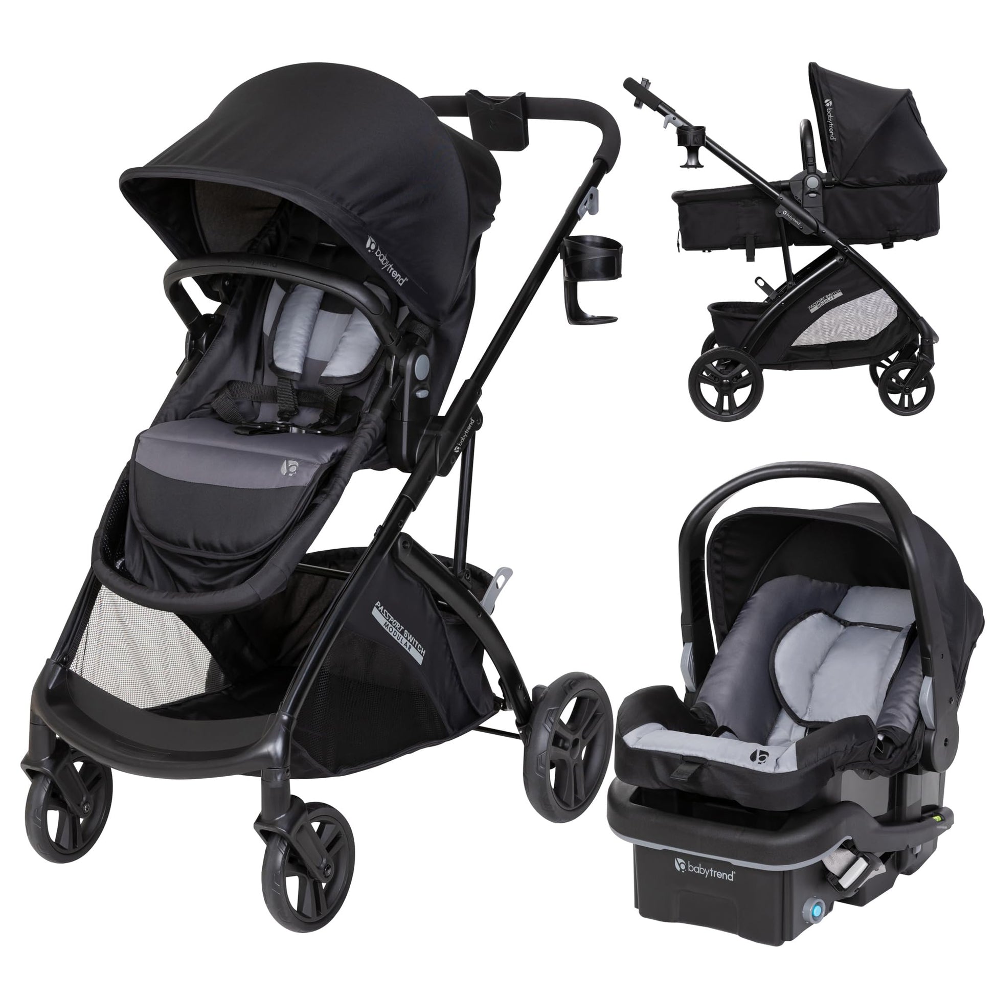 Baby Trend Passport 6-in-1 stroller travel system with EZ-Lift infant car seat in dash black, featuring adjustable seat and sturdy frame.