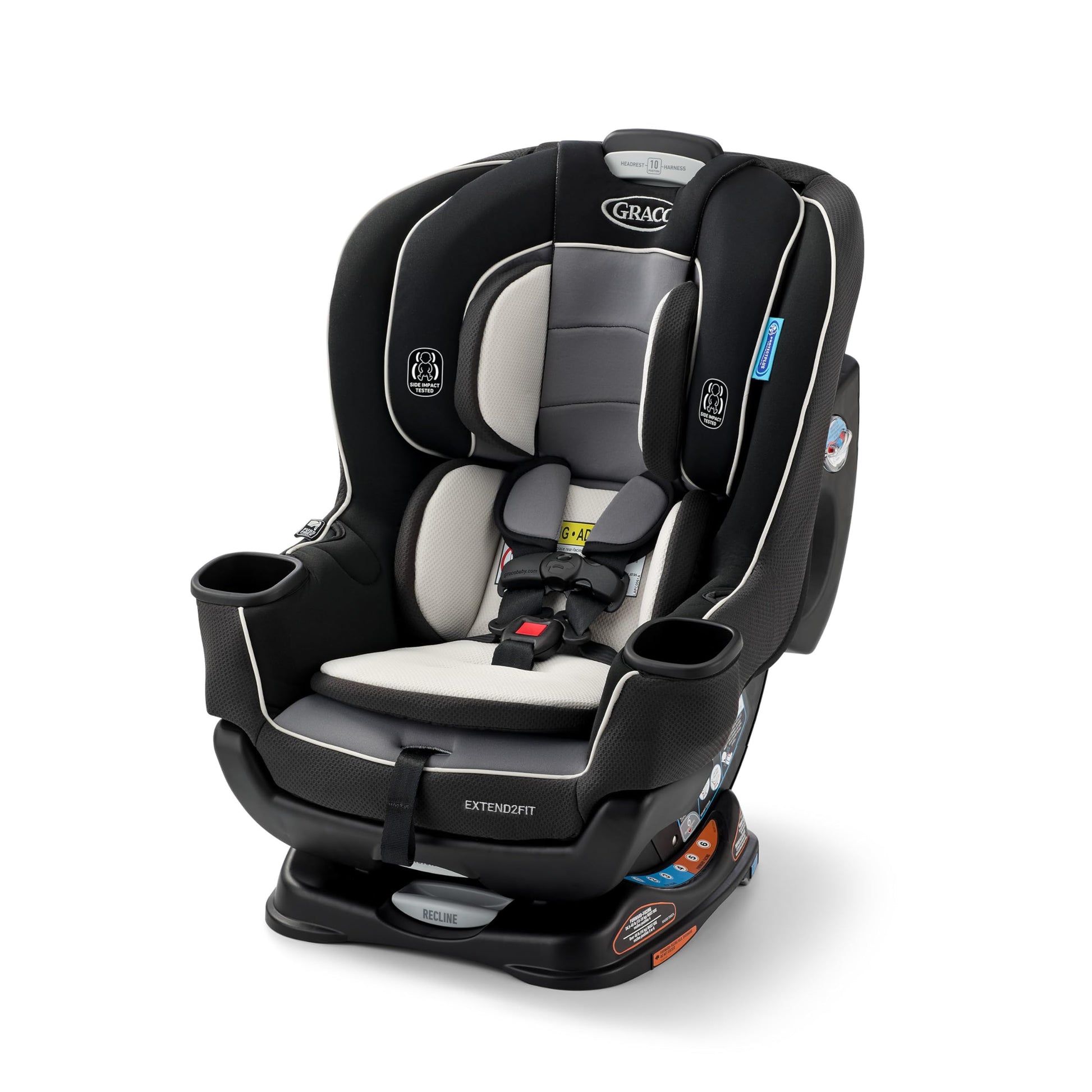 Graco Extend2Fit convertible baby car seat in Gotham with adjustable extension panel for extra legroom, rear and forward facing.