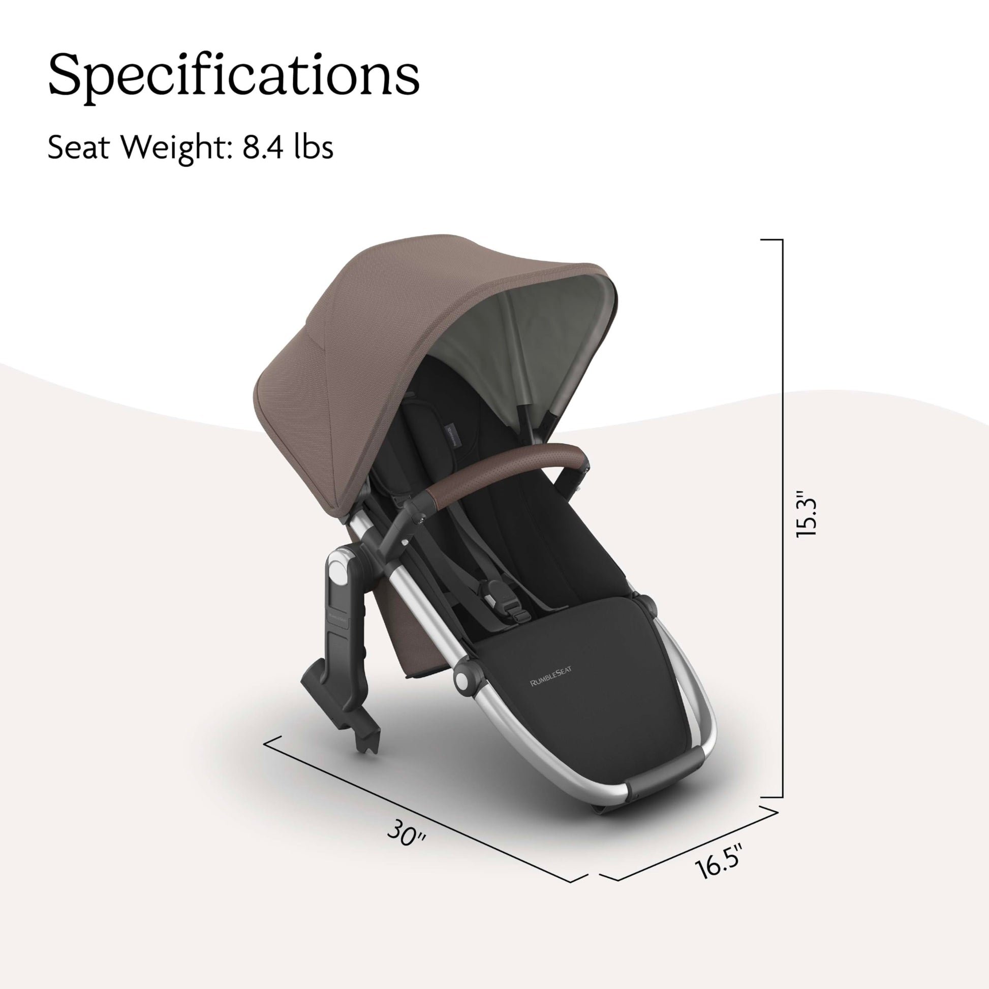 UPPAbaby RumbleSeat V3 second lower all-weather seat with magnetic buckle and adapters, in Declan Oat Mélange with silver frame and chestnut leather.