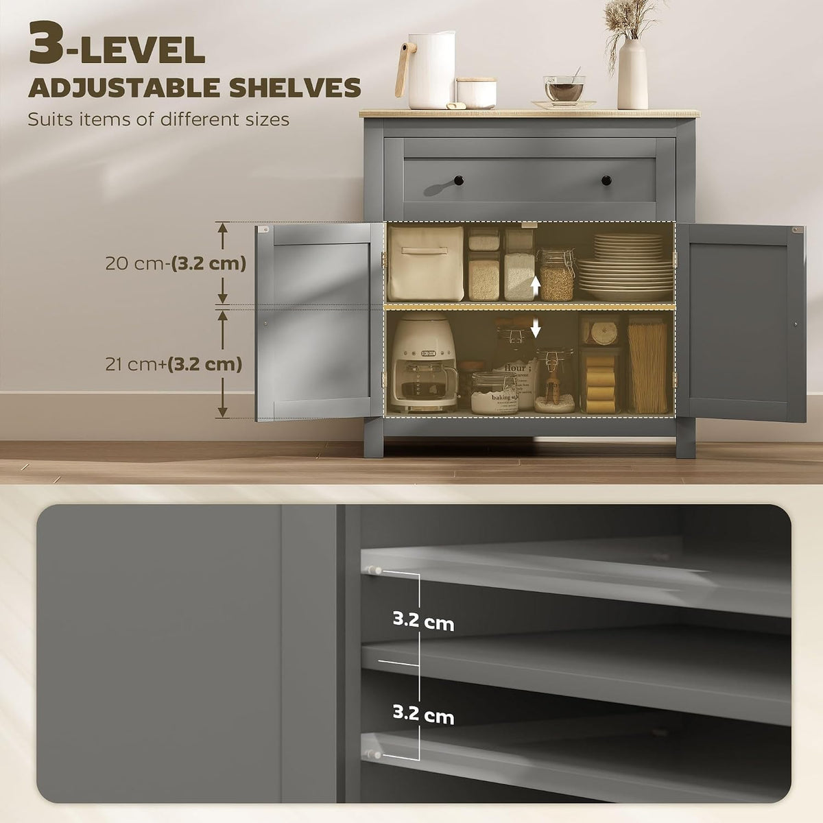 HOMCOM Sideboard Storage Cabinet with Drawer and Double Doors Grey - View 5
