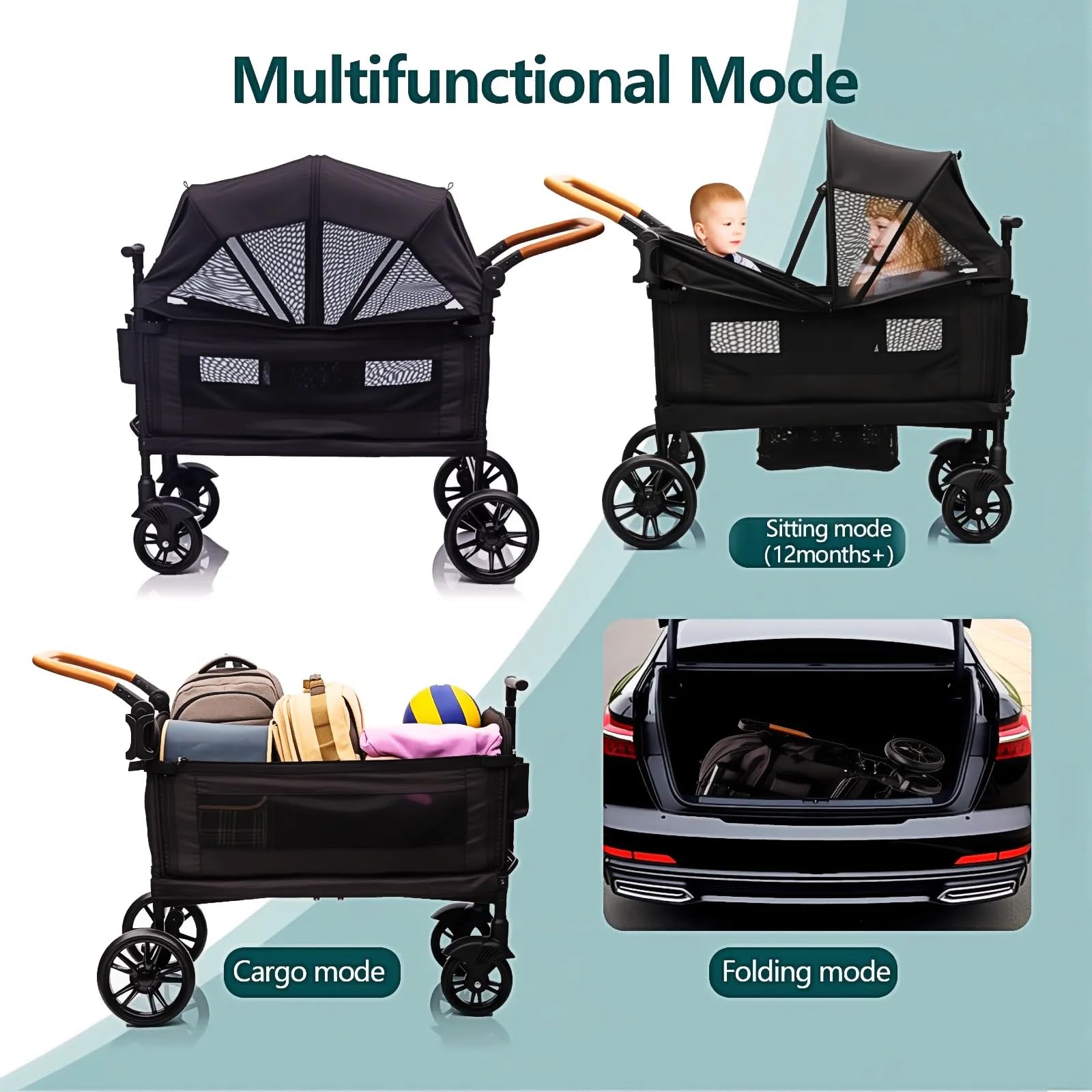 Lightweight My Store luxury double wagon stroller with canopy, tray, cup holder, adjustable handle, and 5-point harness for kids and cargo