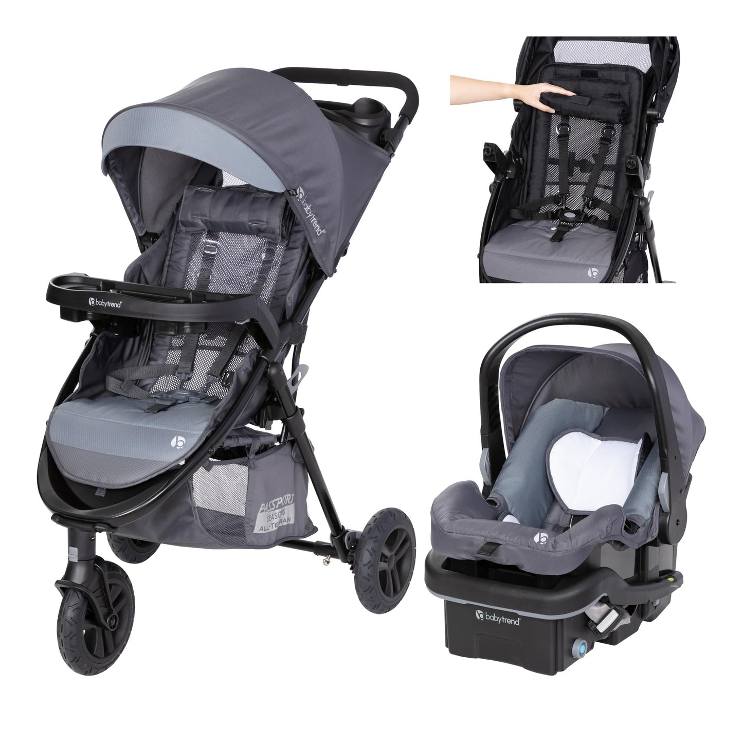 Baby Trend Passport Cargo stroller travel system with pink bamboo pattern and EZ-Lift infant car seat, suitable for travel and outings.