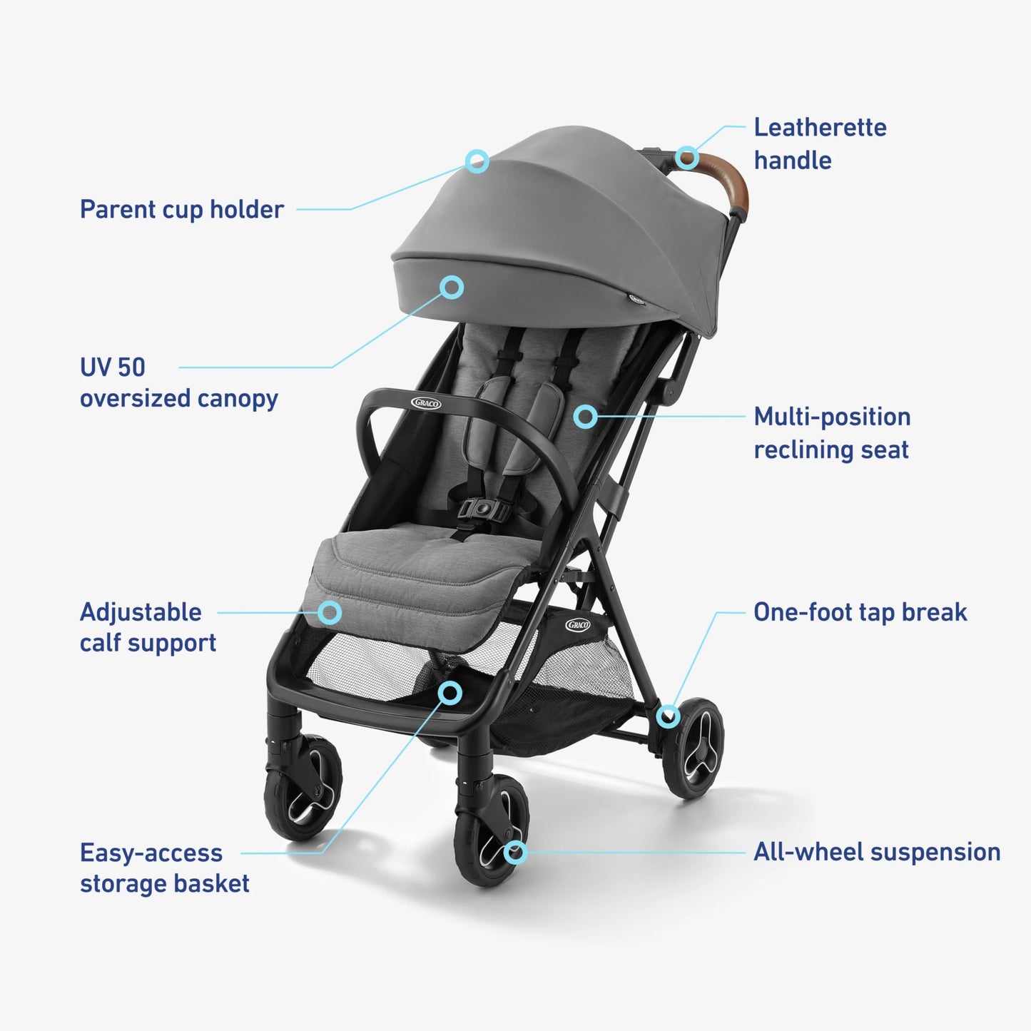 Graco Ready2Jet compact travel stroller with automatic fold, overhead-friendly design, in Kingston color, displayed outdoors