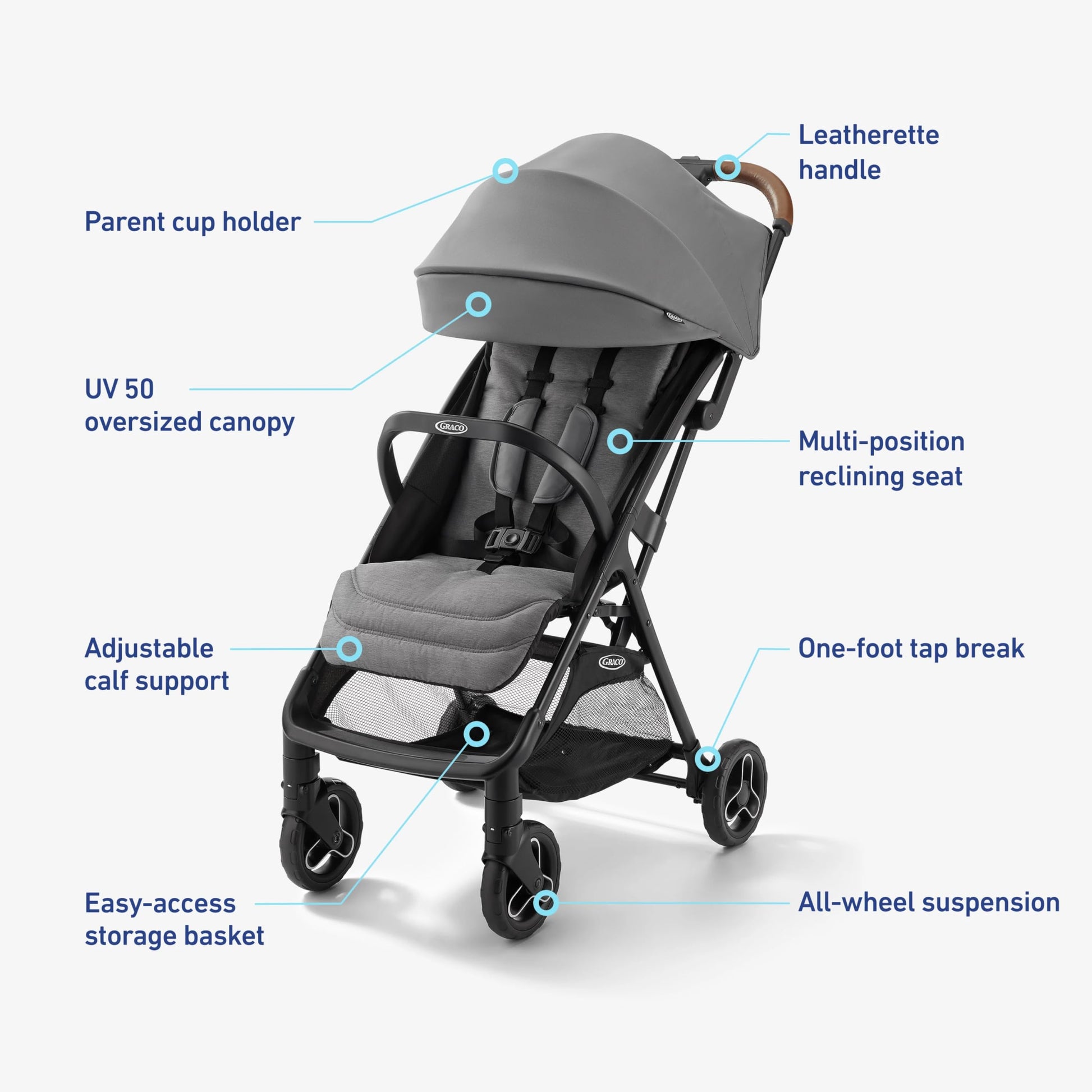 Graco Ready2Jet compact travel stroller with automatic fold, overhead-friendly design, in Kingston color, displayed outdoors