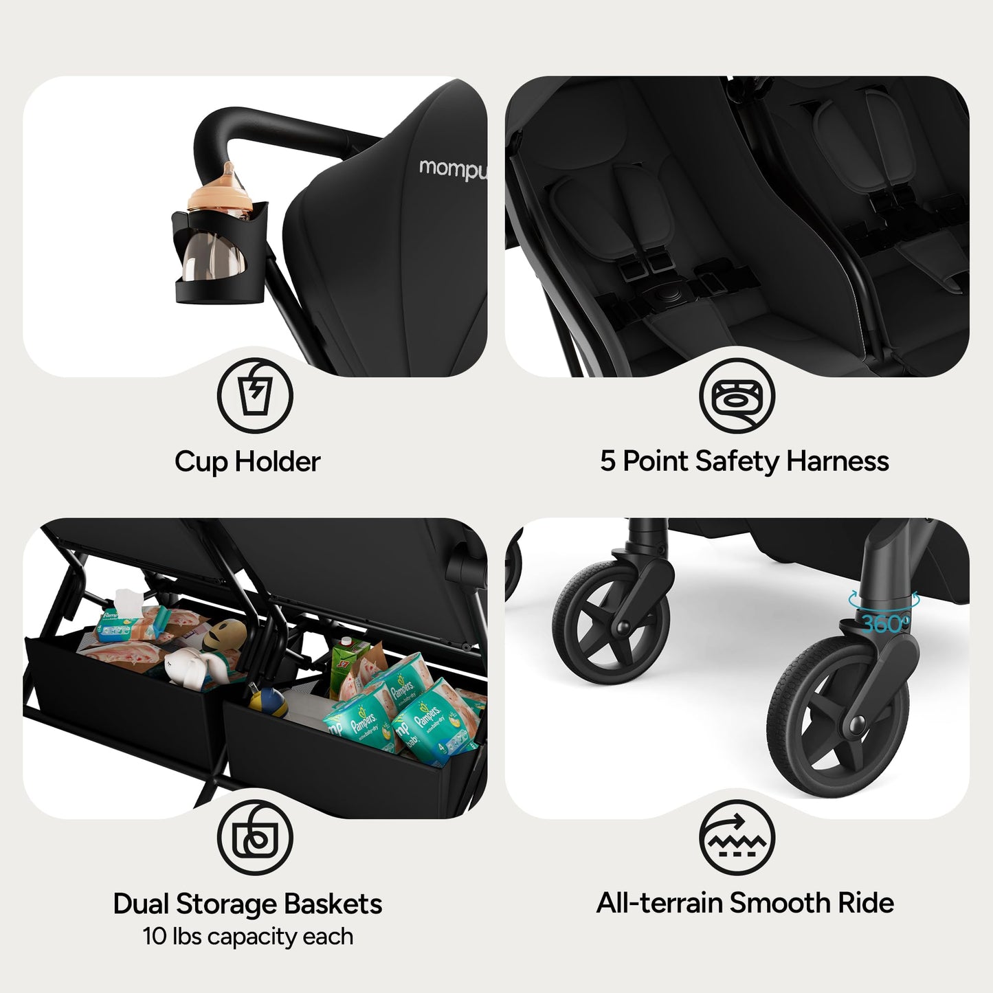 Mompush Lithe Double Stroller with lightweight frame, spacious seats, recline, UPF50+ canopy, suitable for newborn and toddler.