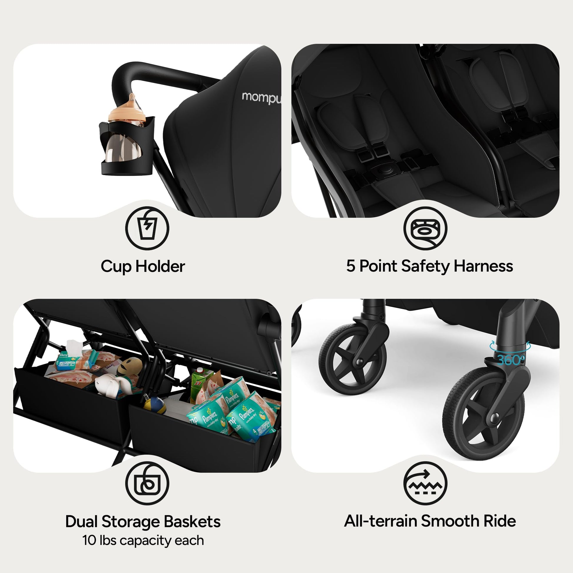 Mompush Lithe Double Stroller with lightweight frame, spacious seats, recline, UPF50+ canopy, suitable for newborn and toddler.